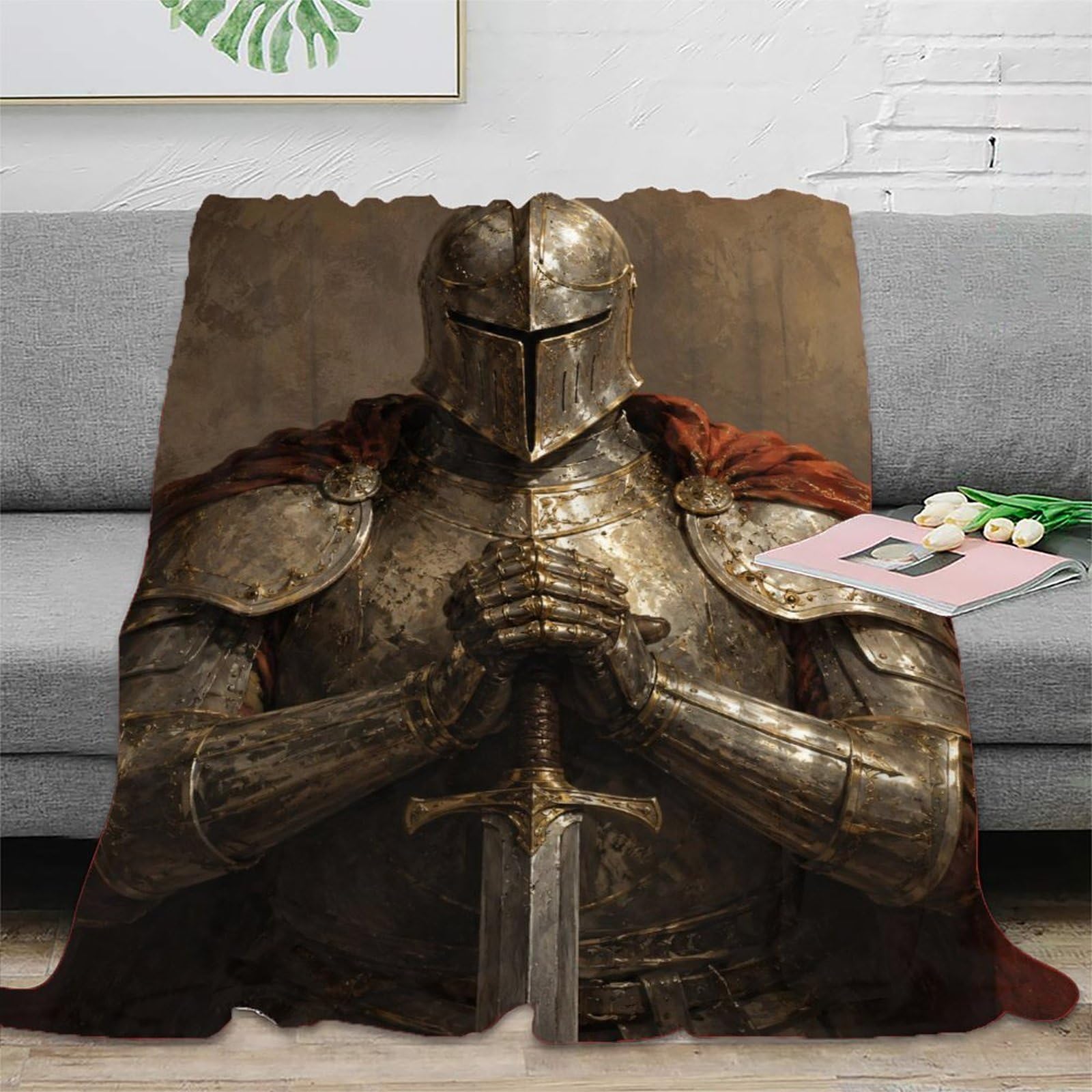H3B8U2Y5 Medieval Knight Sword Portrait Throw Blanket, Flannel, Office