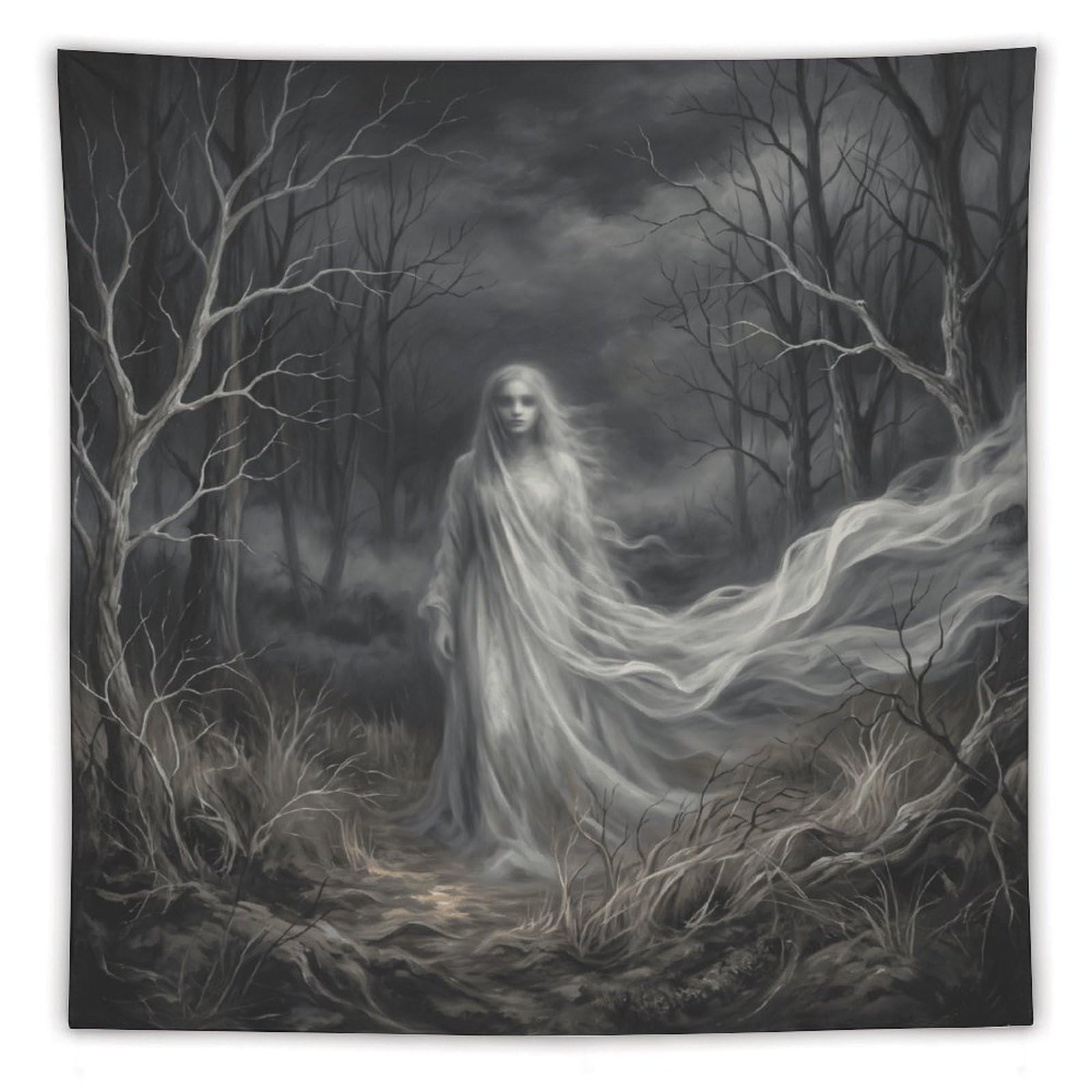 H3B8U2Y5 White Ghost Dead Woods Wall Tapestry, Haunted Woodland