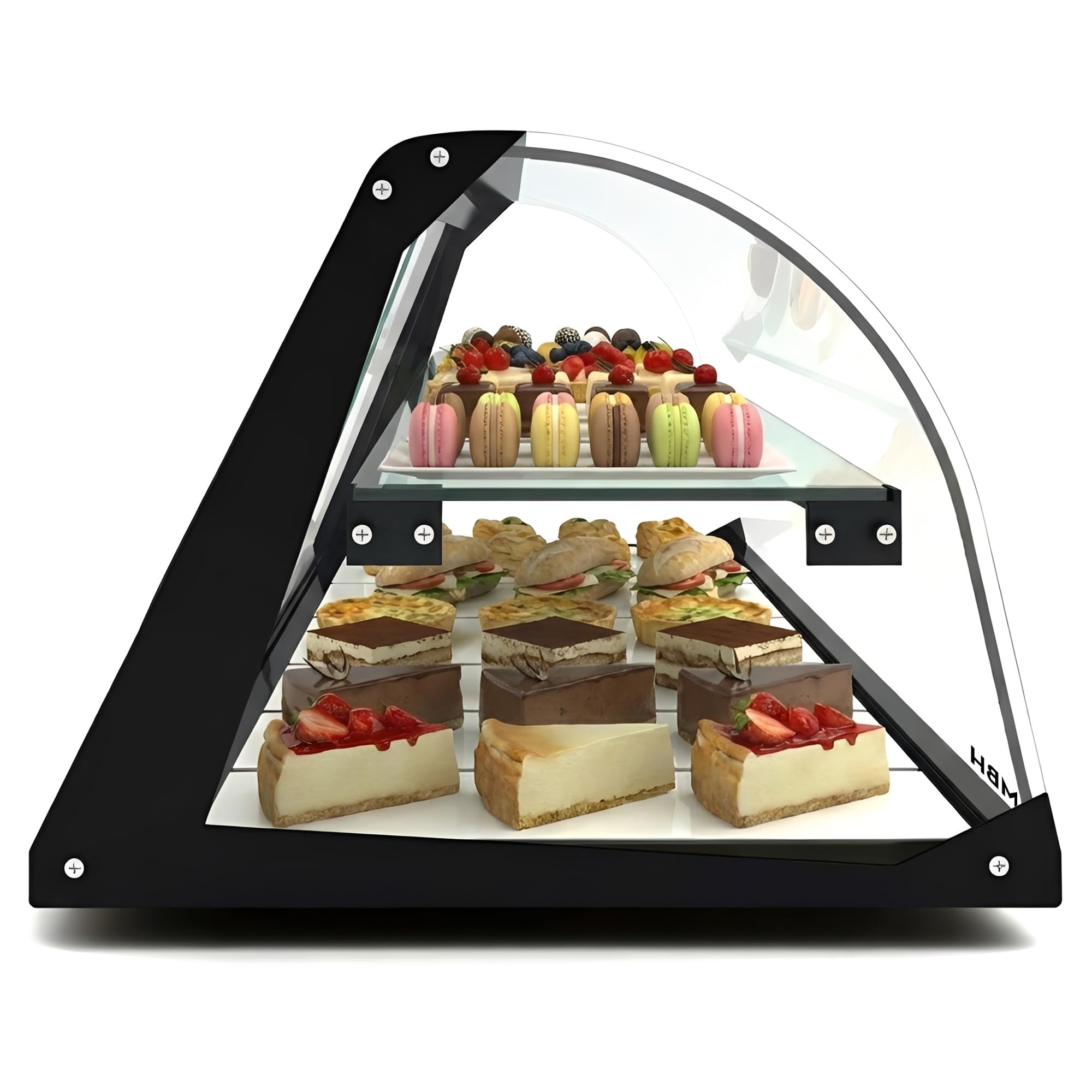 MBH - Neutrale Aufsatzvitrine 119 cm, gebogenes ESG-Sicherheitsglas, 2 Etagen, ohne LED-Beleuchtung, rückseitige Schiebetüren, für Bar, Café, Restaurant, Gebäck und Konditorei.