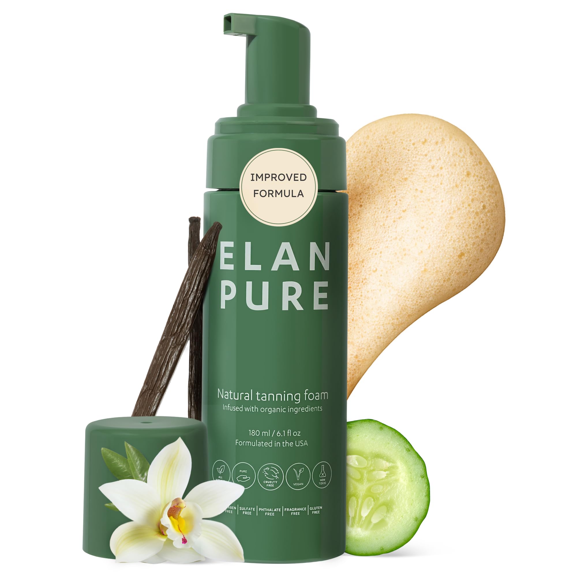 Non Toxic Gradual Self Tanner - Organic Tanning Foam - Long Lasting Natural Looking Tan - Streak Free Smooth Application - Plant Based Ingredients - Vanilla