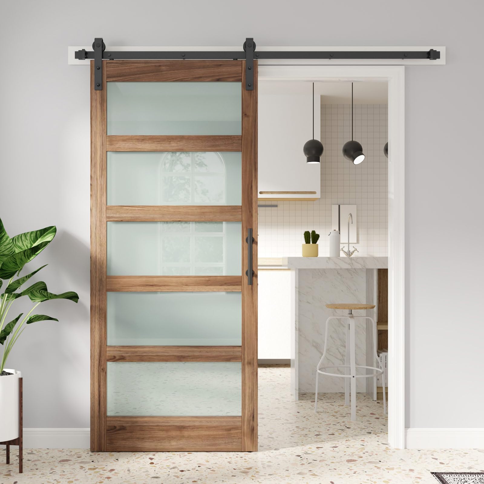 FREDBECK 36in x 80in Glass Barn Door Glass Door with 6.6FT Barn Door Hardware Kit & Handle Included,5-Panel Frosted Glass, Water-Proof Surface,Pre-Drilled Holes,Need Assembly