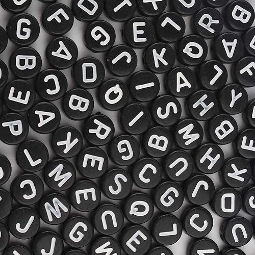 Vista 37 de Song Xi 1200 cuentas redondas blancas del alfabeto de acrílico, cuentas de letras negras de 0.157 x 0.27 pulgadas para pulseras y llaveros