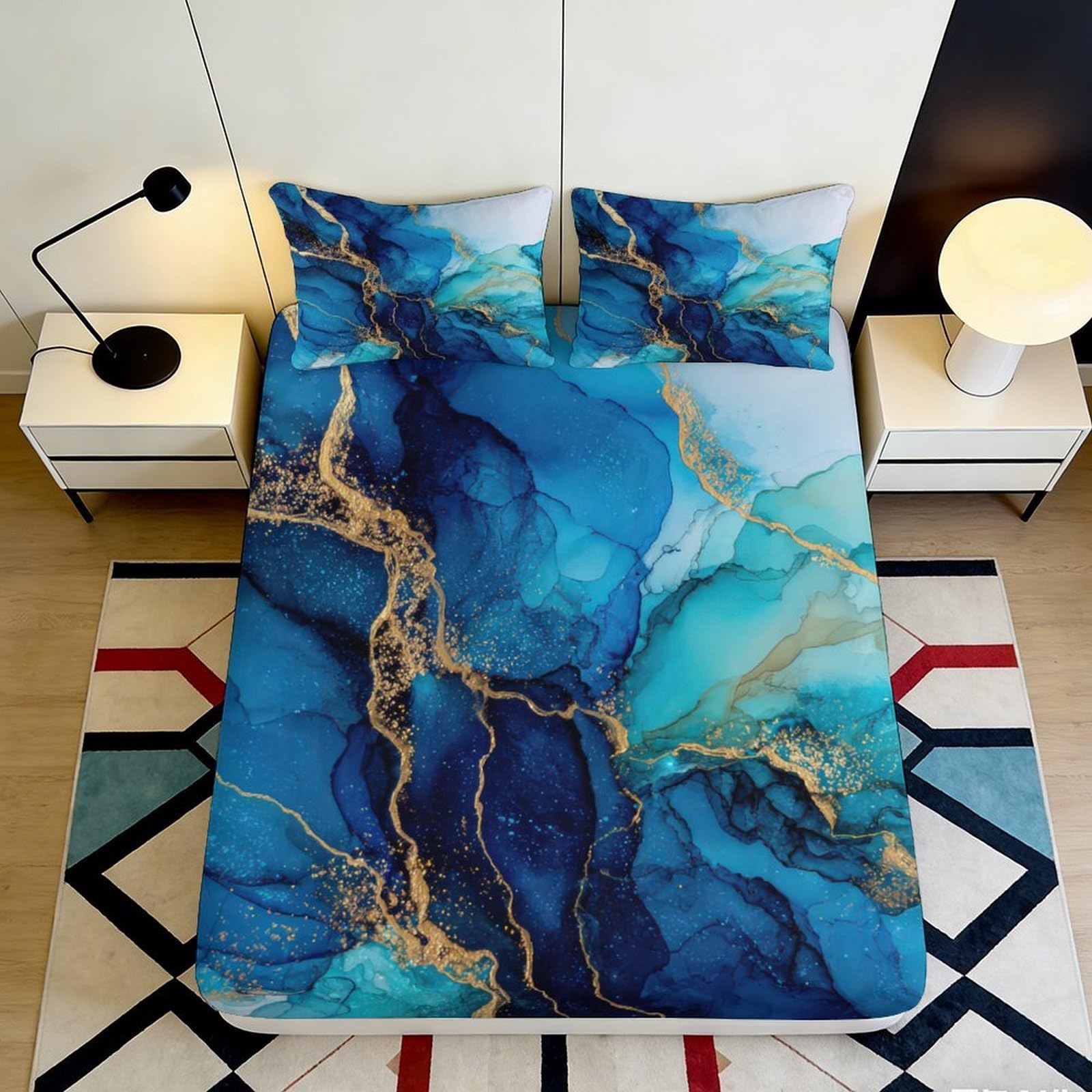 3D Printed Blue Marble Fitted Sheet Microfiber Soft Breathable Gold Vein Bed Cover for Bedroom Dormitory Guest Room Mattress Protection 160x200x25cm