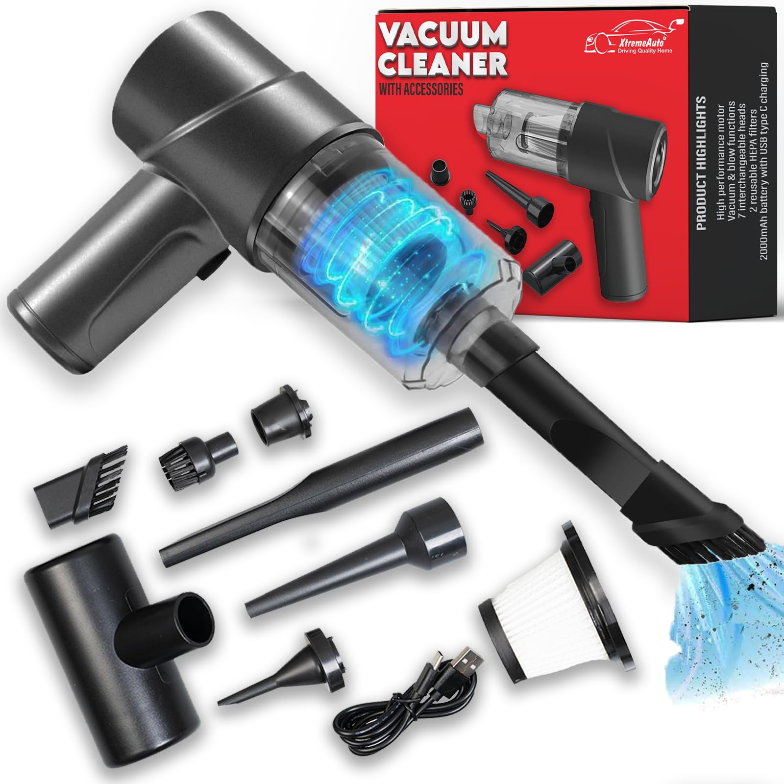 Xtremeauto Handheld Vacuum Cleaner - 12000PA Powerful Cordless Car Vacuum with Dual Vacuum & Blow Functions, Lightweight & Portable for Car, Home, and Office Cleaning, Includes 2 Reusable Filters & 6