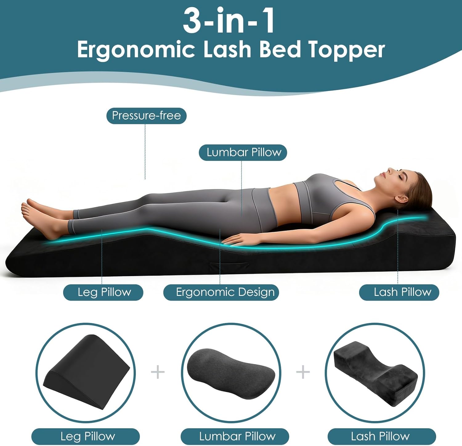 Lash Bed Topper, Ergonomic Curvy Massage Bed Topper Esthetician Bed Cushion, Non-Slip Spa Table Memory Foam Pad with Removable Cover, Ideal for Facials, Eyelash & Beauty Salon, 71"×28" Black