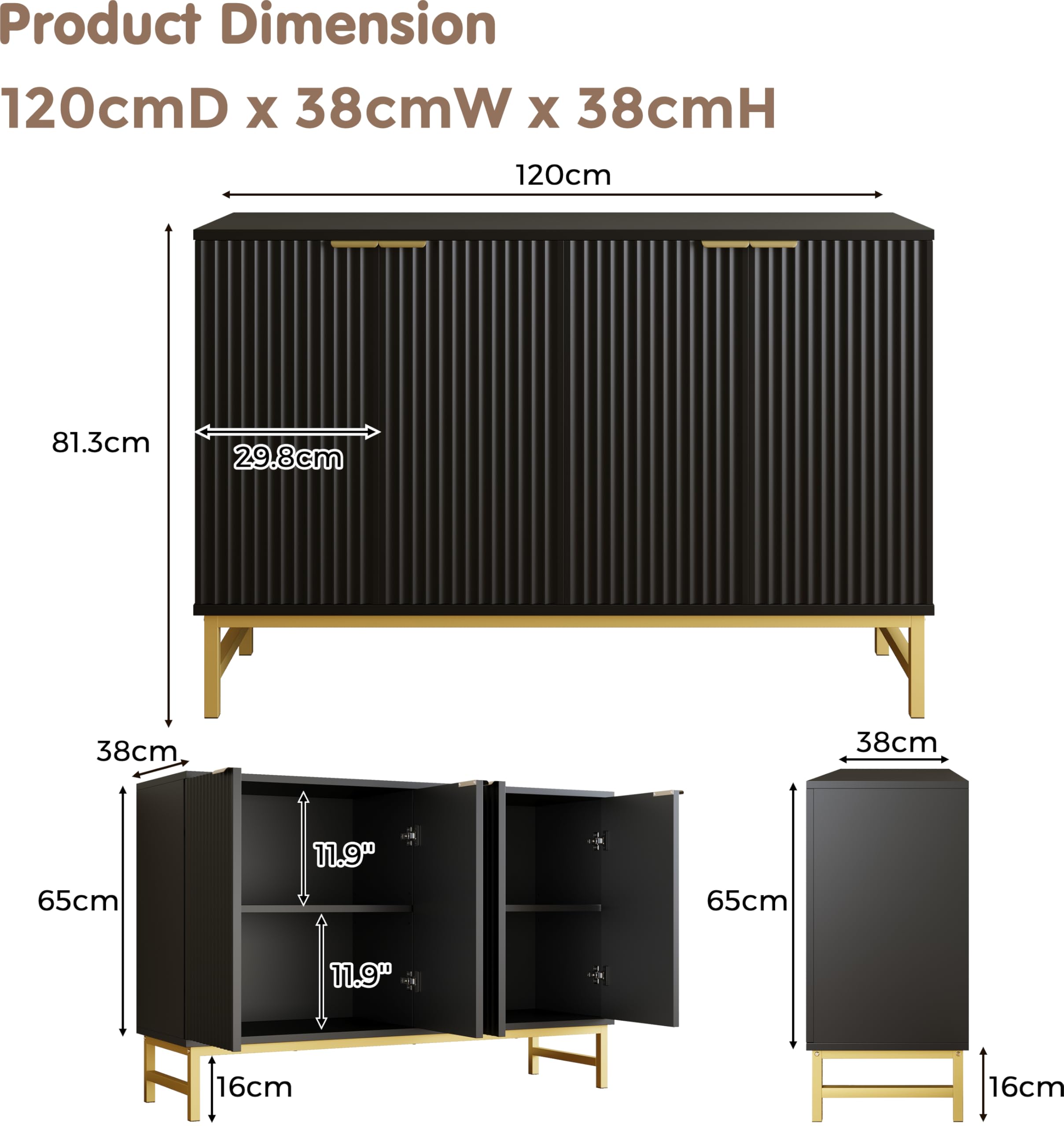 Luoxiao 120 cm Sideboard Buffetschrank mit 4 Türen Holz Kommode Modern Küchenschrank mit Metallbeine Schrank für Wohnzimmer, Esszimmer, Küche, Flur, Büro, Schwarz