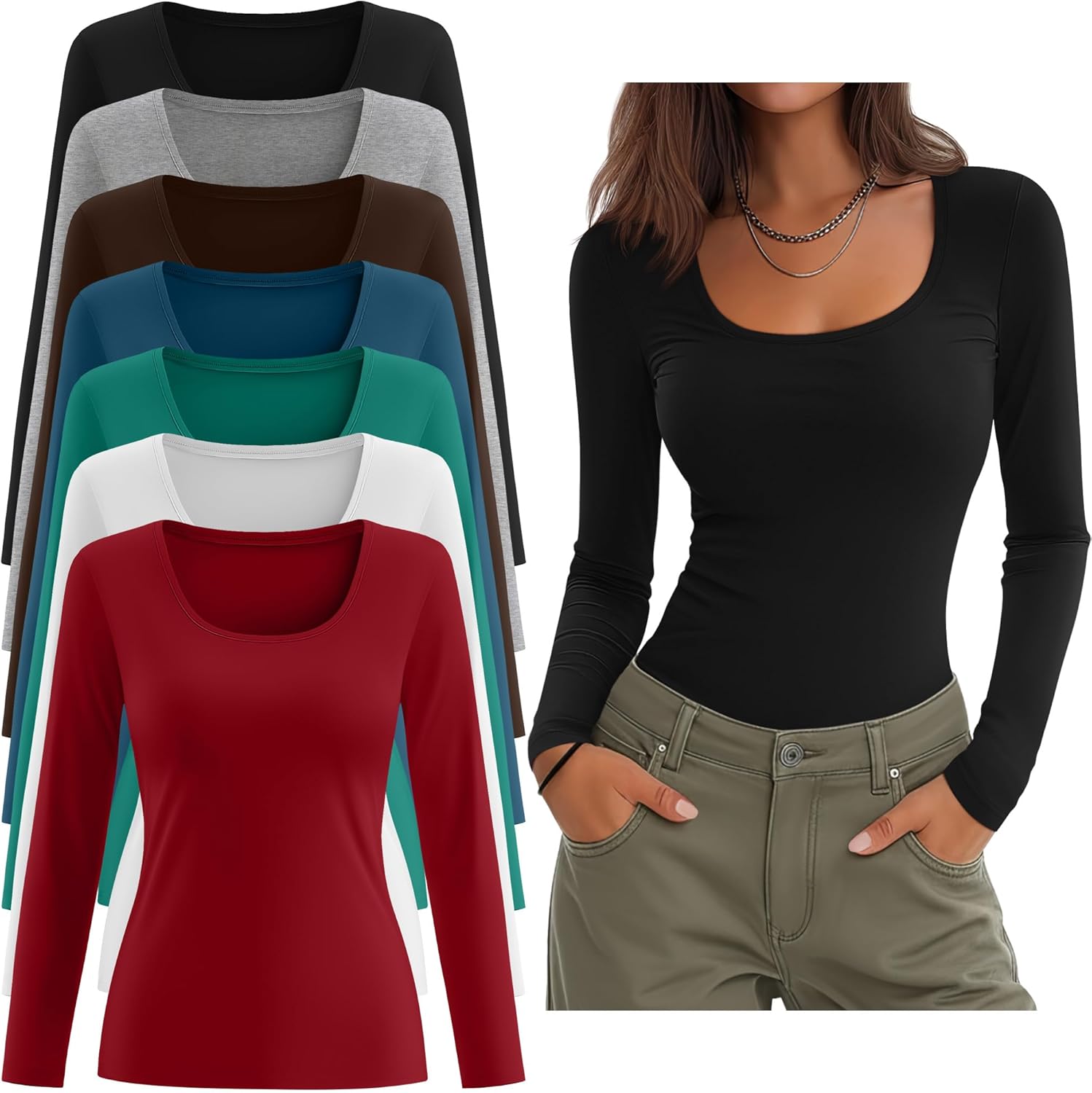 Sweetyweee 7 Pack Women's Long Sleeve Shirts Multipack Scoop Neck Tops Slim Fit Undershirt Basic Layer Winter