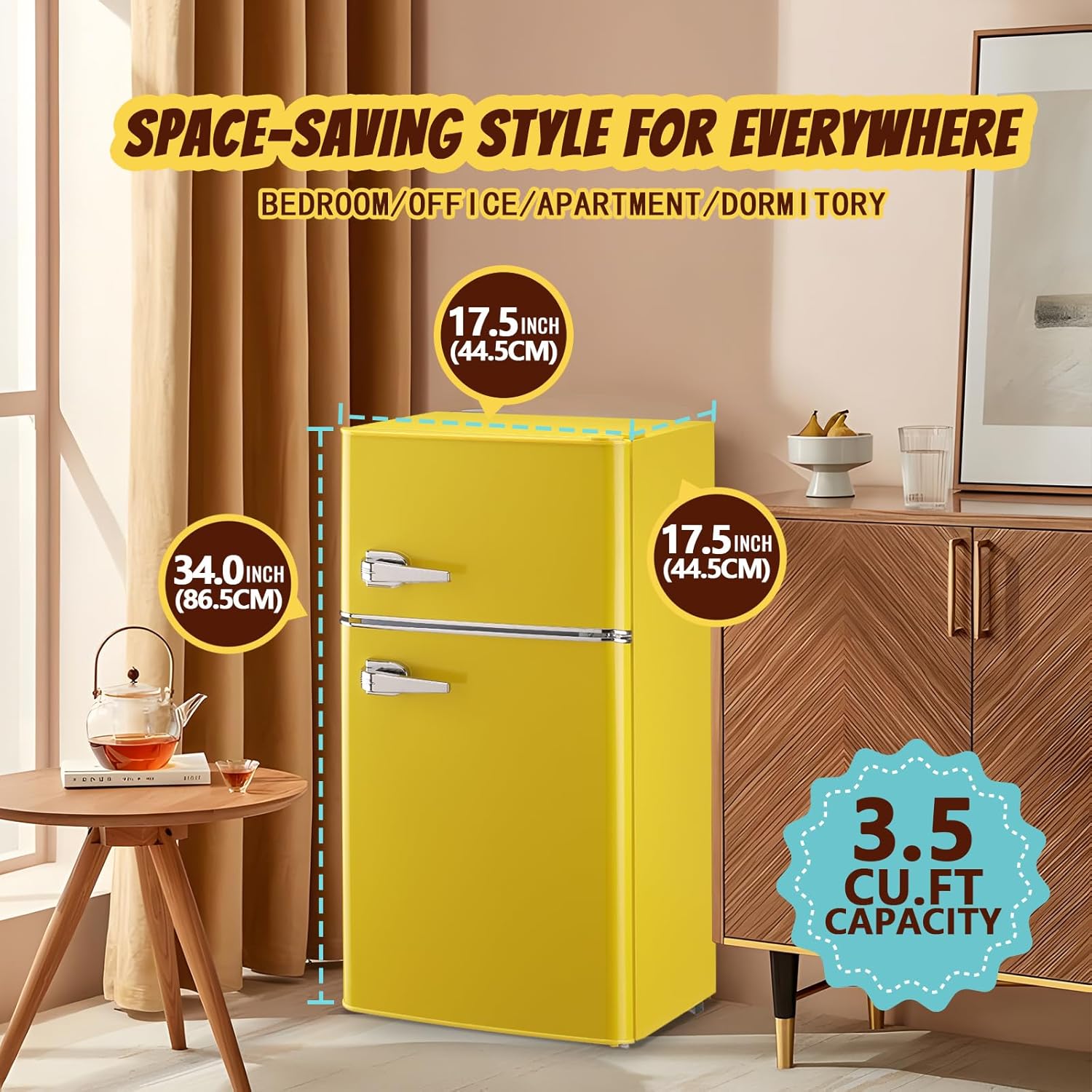 Fridge with Freezer Mini Refrigerator Apartment Size Retro Refrigerator Double door Removable Glass Shelves 7 Temp Gear Detachable Handle Yellow