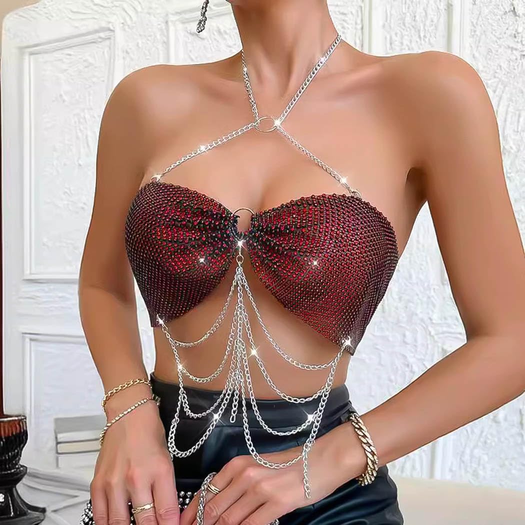Uranian Rhinestone Bra Top Chain Sexy Body Chains Sparkly Bikini Crop Tops Nightclub Rave Party Body Accessories Jewelry for Women and Girls