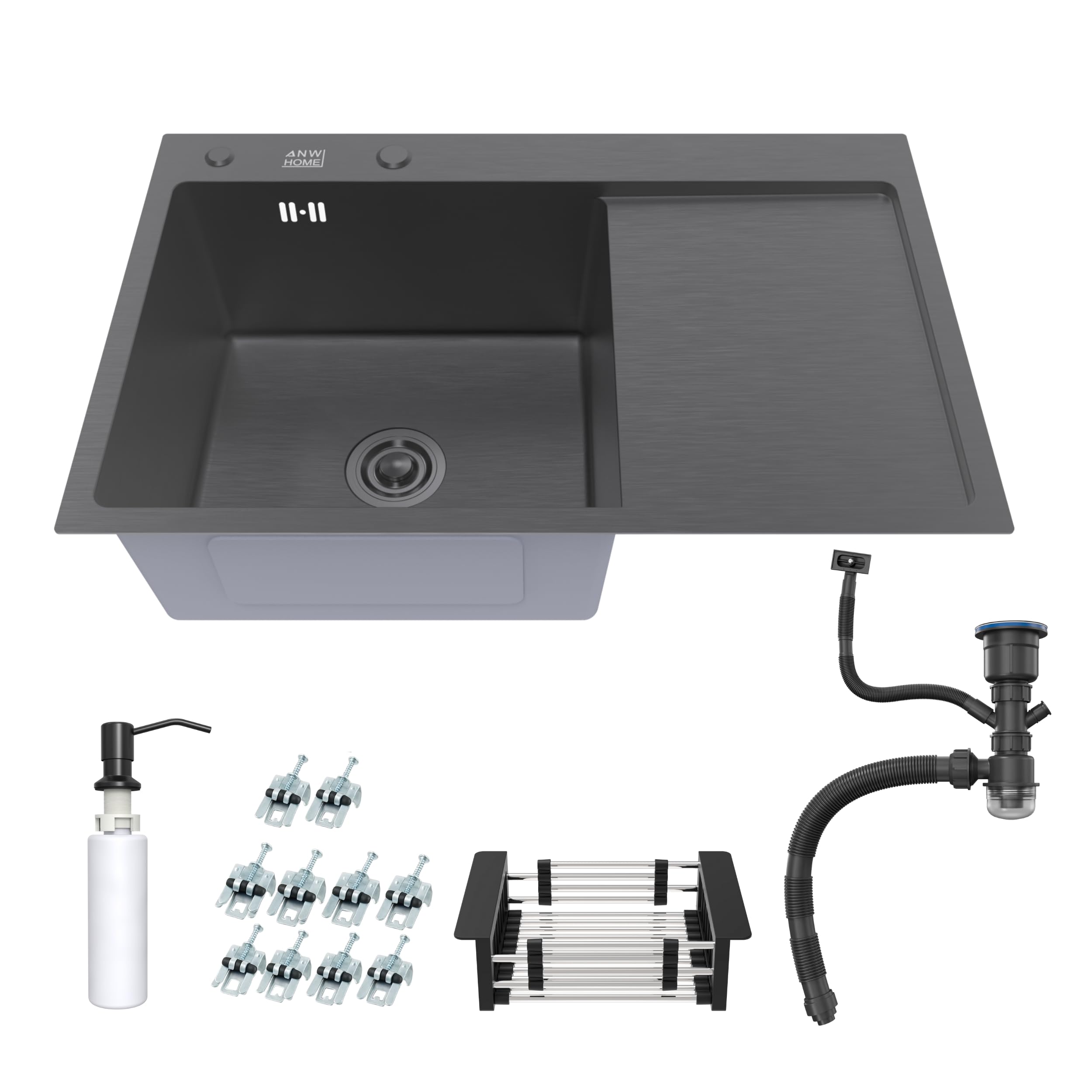 ANW HOME Fregadero Cocina 1 Seno Sobre Encimera con Escurridor, Acero Inoxidable 304, 78x50 cm, Grafito PVD, Acabado con Nano-Revestimiento, Grosor 3.0+1 mm, 22 cm, con Sifón, Dosificador y Cesta