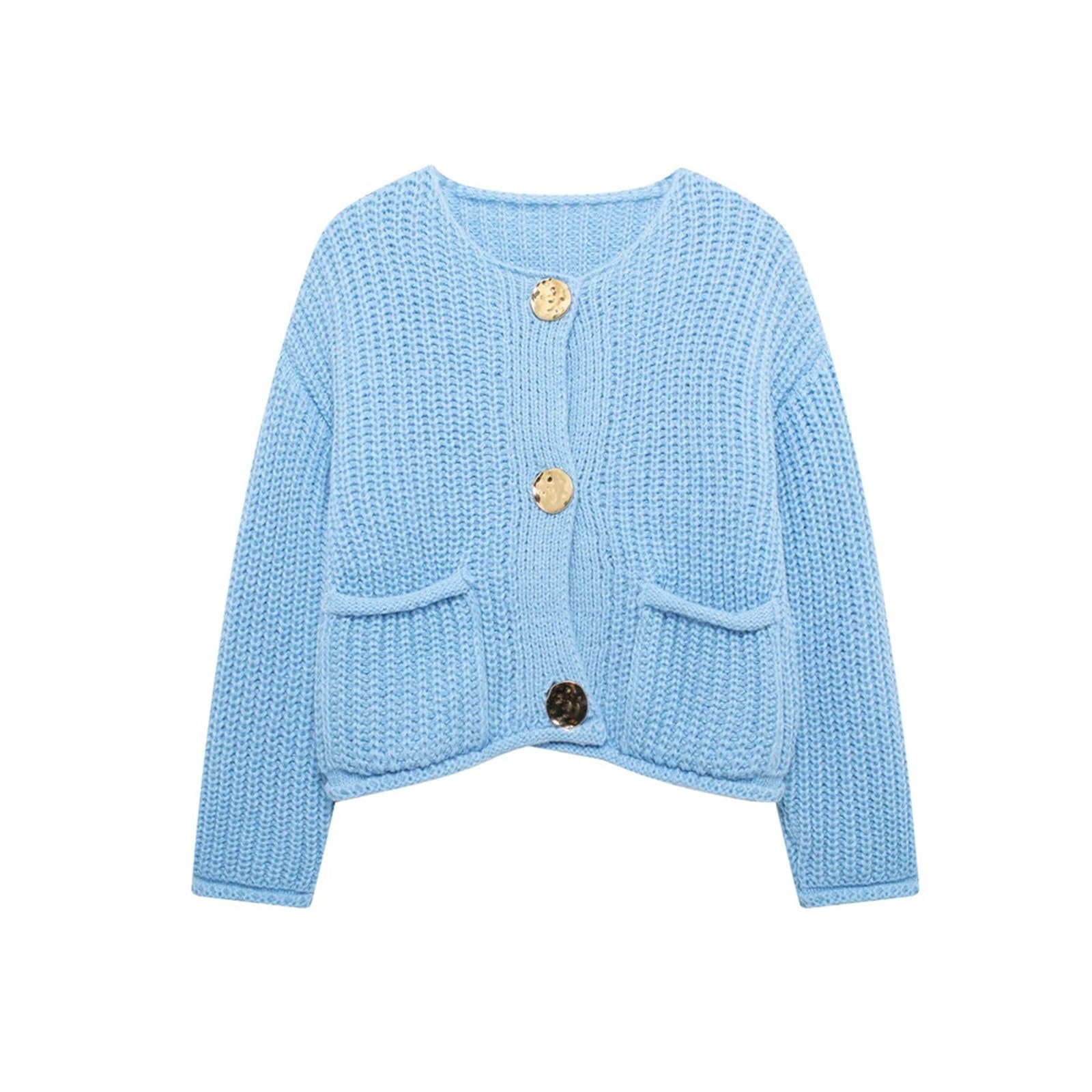 Suéter de Punto de Manga Larga for Mujer, Botones Dorados, Bolsillos de Parche Delanteros, Cuello Redondo, Prenda Exterior Femenina(Sky Blue,L)