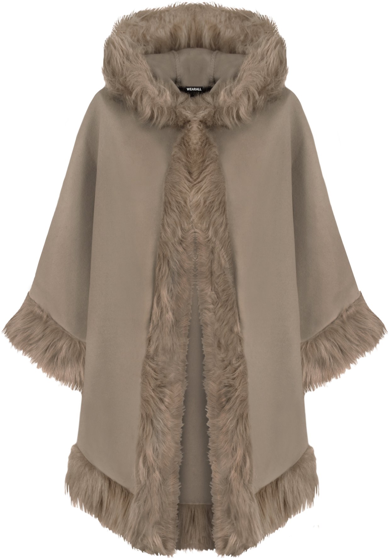 Wearall Women's Mocha Plain Faux Fur Trim Hood Cape Shawl Cloak Poncho Coat Top - One Size