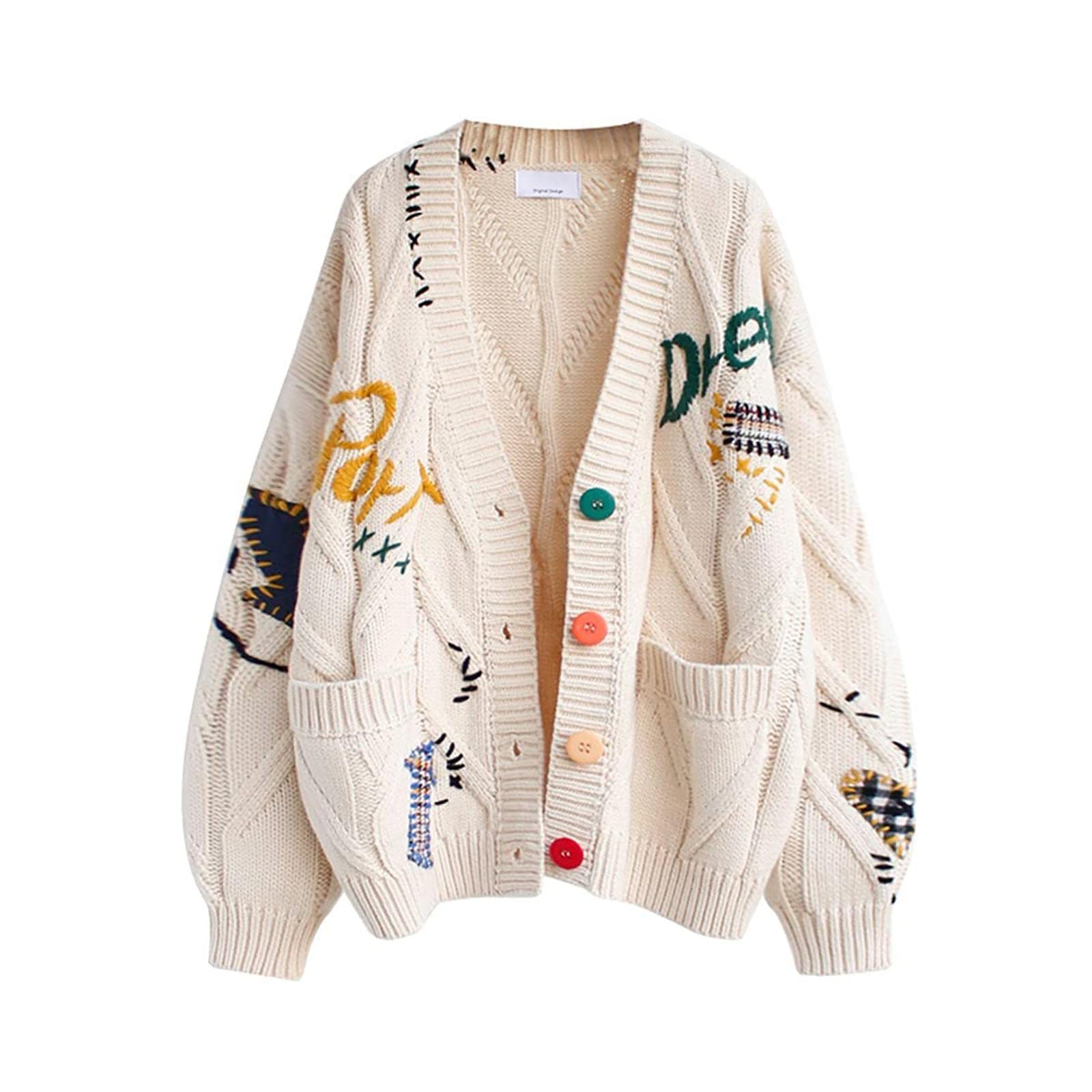 utcoco Womens Open Front Cardigan Cable Knit Long Sleeve Button Down Embroidery Cardigan Sweaters