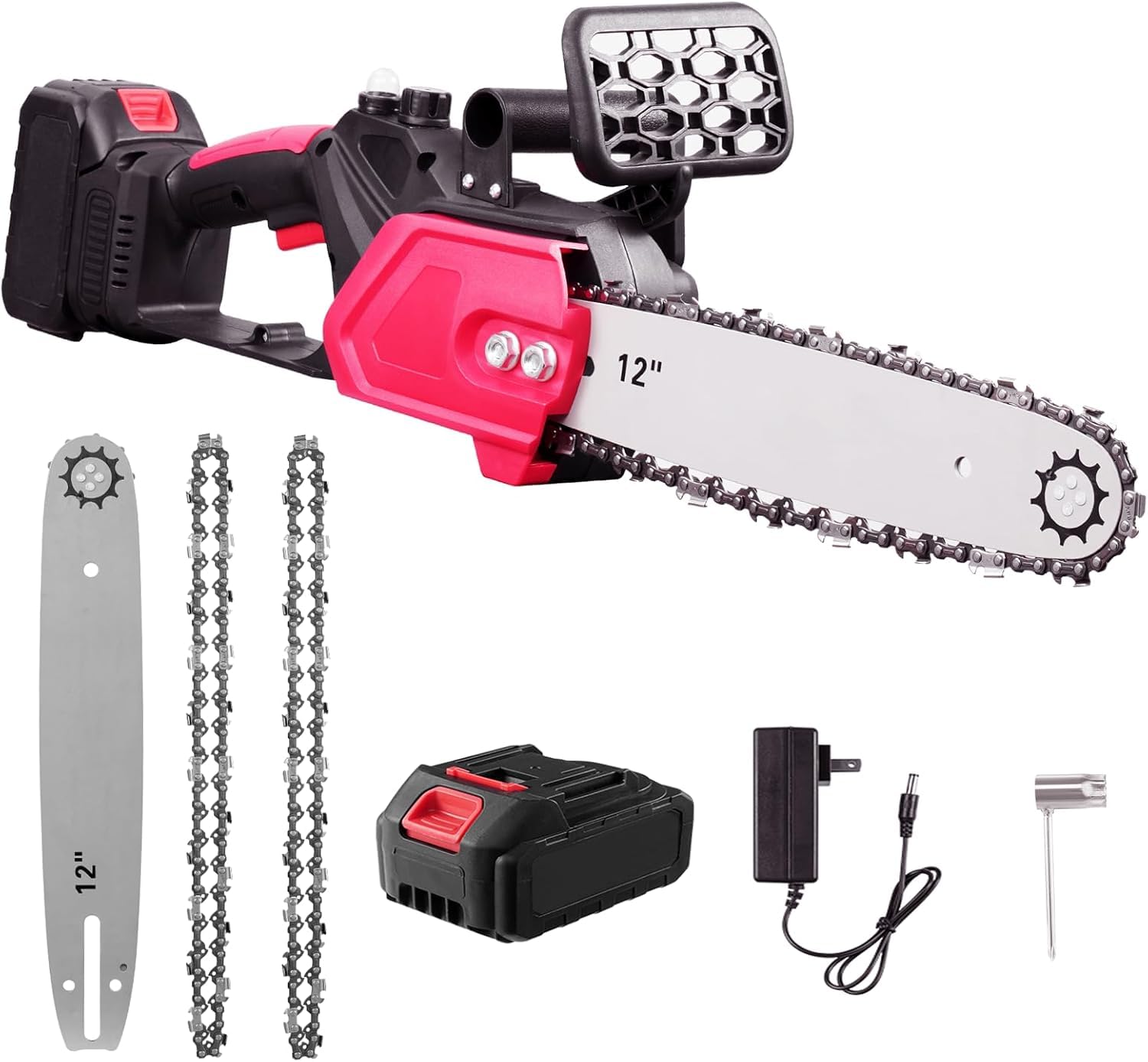 2000W 12 Inch Electric Chainsaw with 3000mAh Battery and Charger, 21V Cordless Electric Chainsaws, Powerful 4500rpm Battery Chainsaw with 2 Chains, Quick and Easy Chain Saw for Tree Pruning