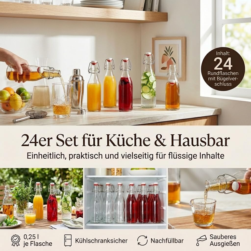 gouveo lot de 24 bouteille en verre ronde avec fermeture mécanique 250 ml (0,25 l) – à remplir pour jus, sirop, liqueur, huile et vinaigre, lavable au lave-vaisselle (BFR250)