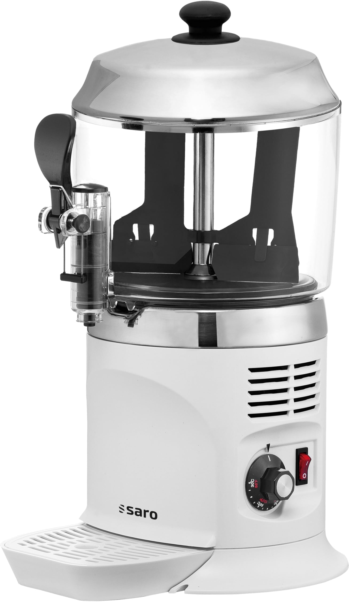 SARO Kakaodispenser – 5 L – Weiß – Rührwerk – Edelstahl-Deckel – Temperatur 30–90 °C – Abnehmbarer Behälter & Zapfhahn – Modell NINA