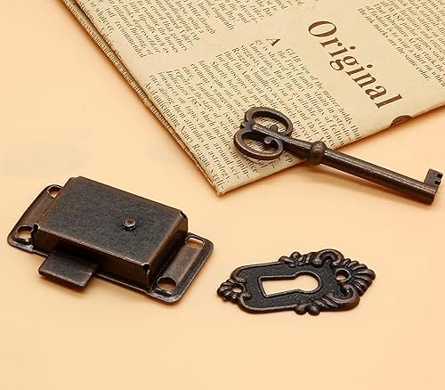 Miniatura 9 de Kyuionty 2 juegos de cerradura de llave de esqueleto decorativo de bronce antiguo con llave y tornillos para muebles de armario de pecho