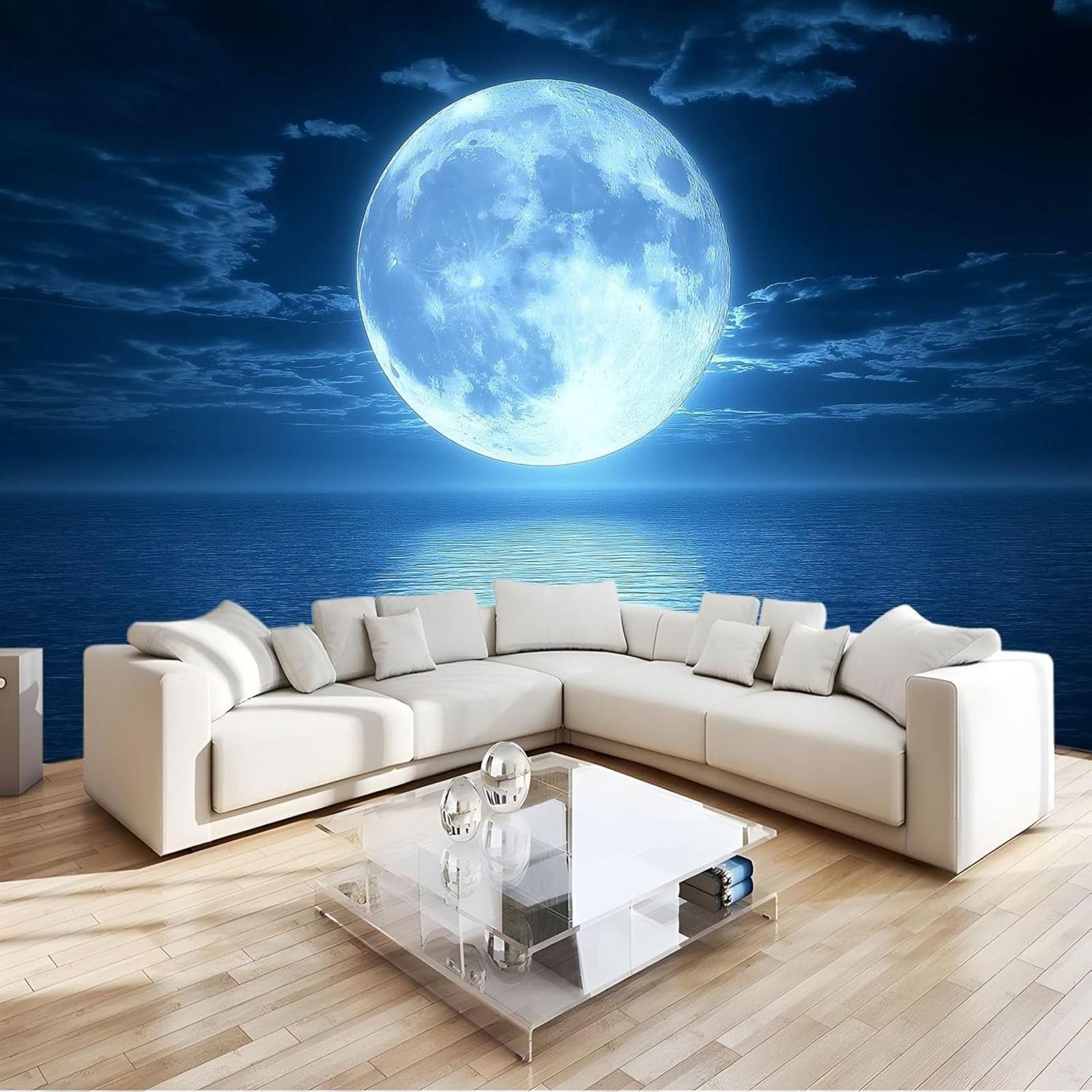 Kfjhgbdshhj 3D Mural Photo Wallpaper Night Moon Wallpaper Non-Woven Wall Decoration Wallpaper Decoration Study Room Living Room Restaurant Cafe Blue,200Cmx140cm