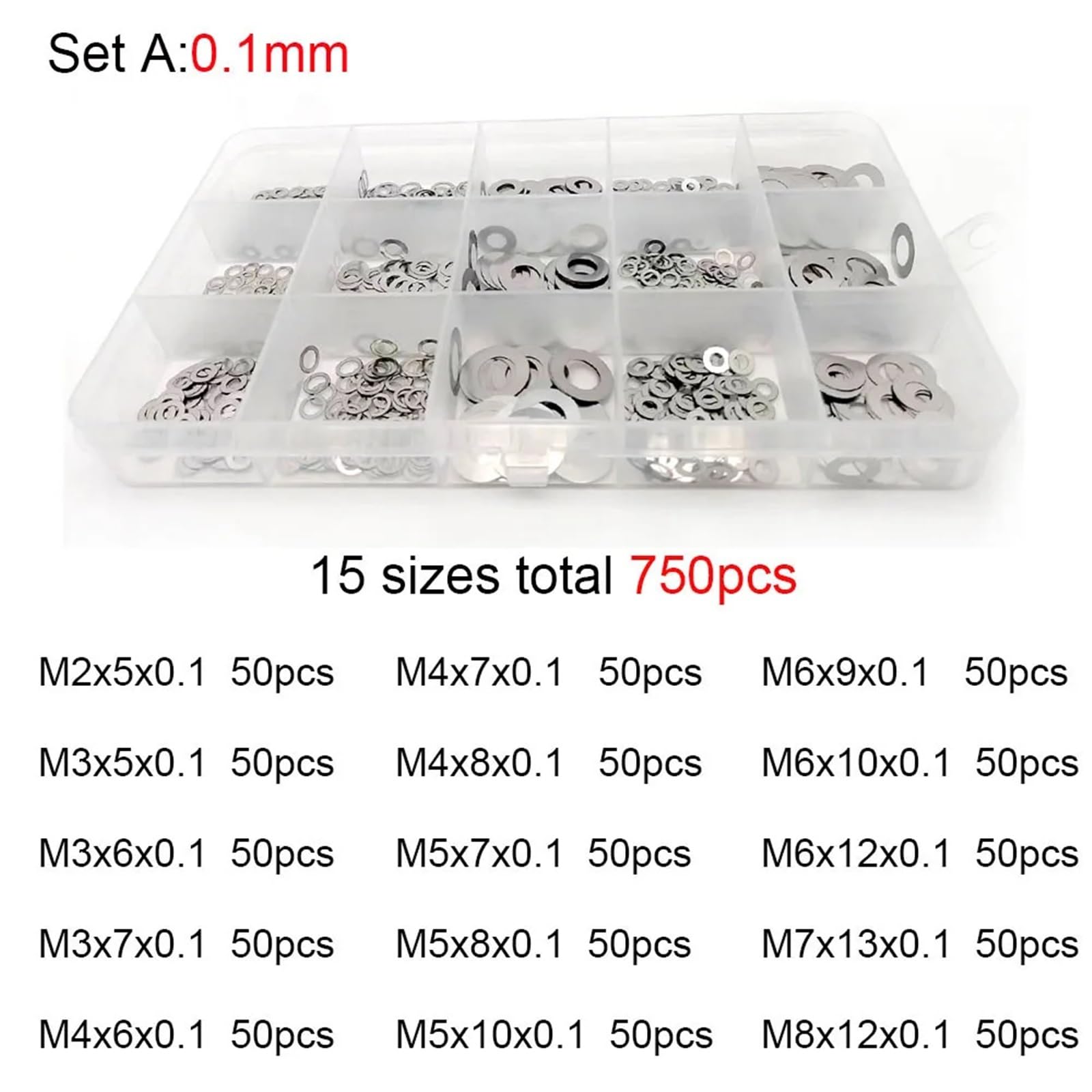 500/750/1200 pièces M2 M3 M4 M5 M6 M7 M8 304 A2 ensemble de rondelles Ultra minces en acier inoxydable cale réglage joint uni Kit d'assortiment boîte pour Vis et Boulons(Set A (750pcs))