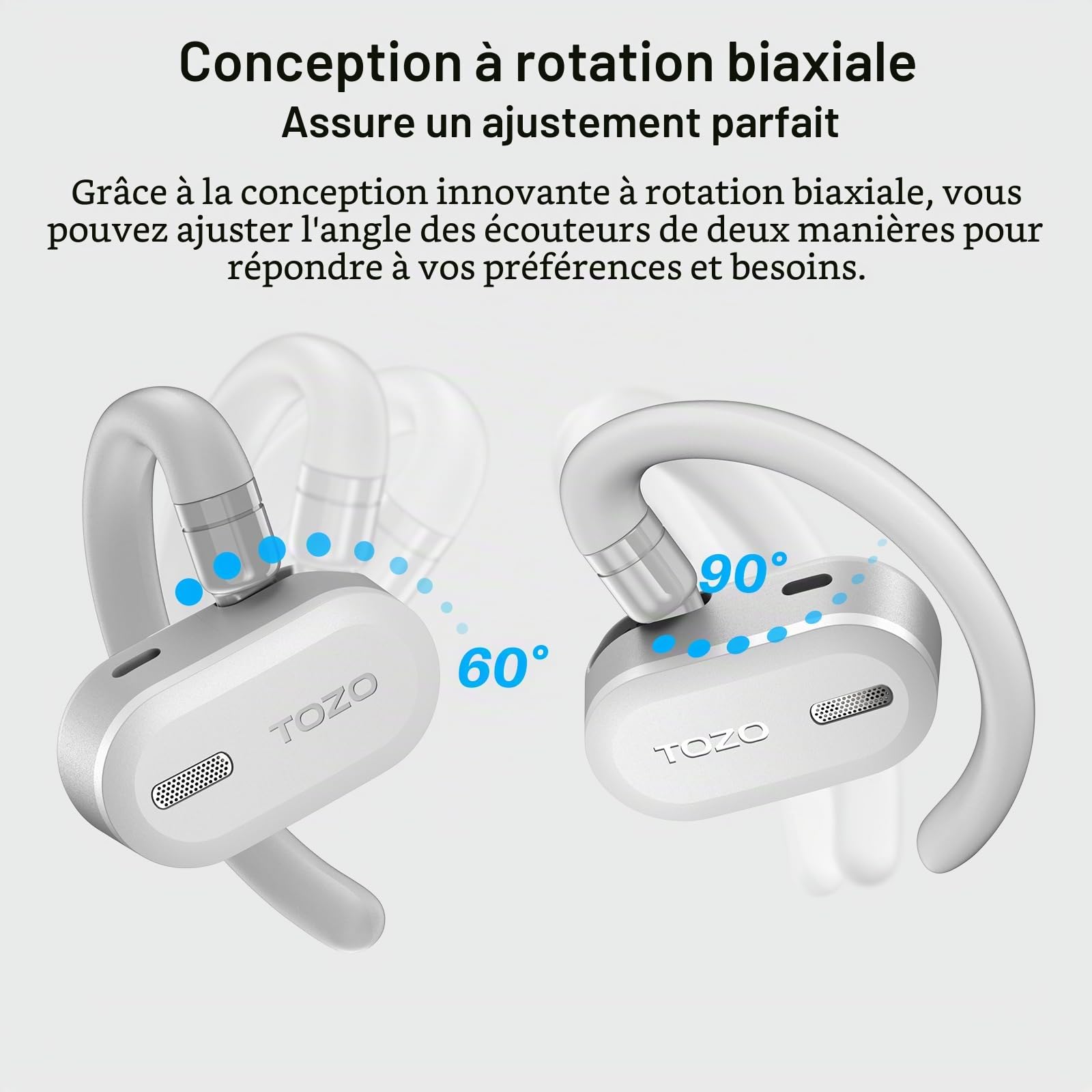 TOZO O2 Écouteurs Bluetooth sans Fil Sport à Réglage Multi Angles 42H | Basses Profondes, Crochet Pliable et Comfort, Appels Cristallins, Idéal pour le Sport, la Conduite et le Travail