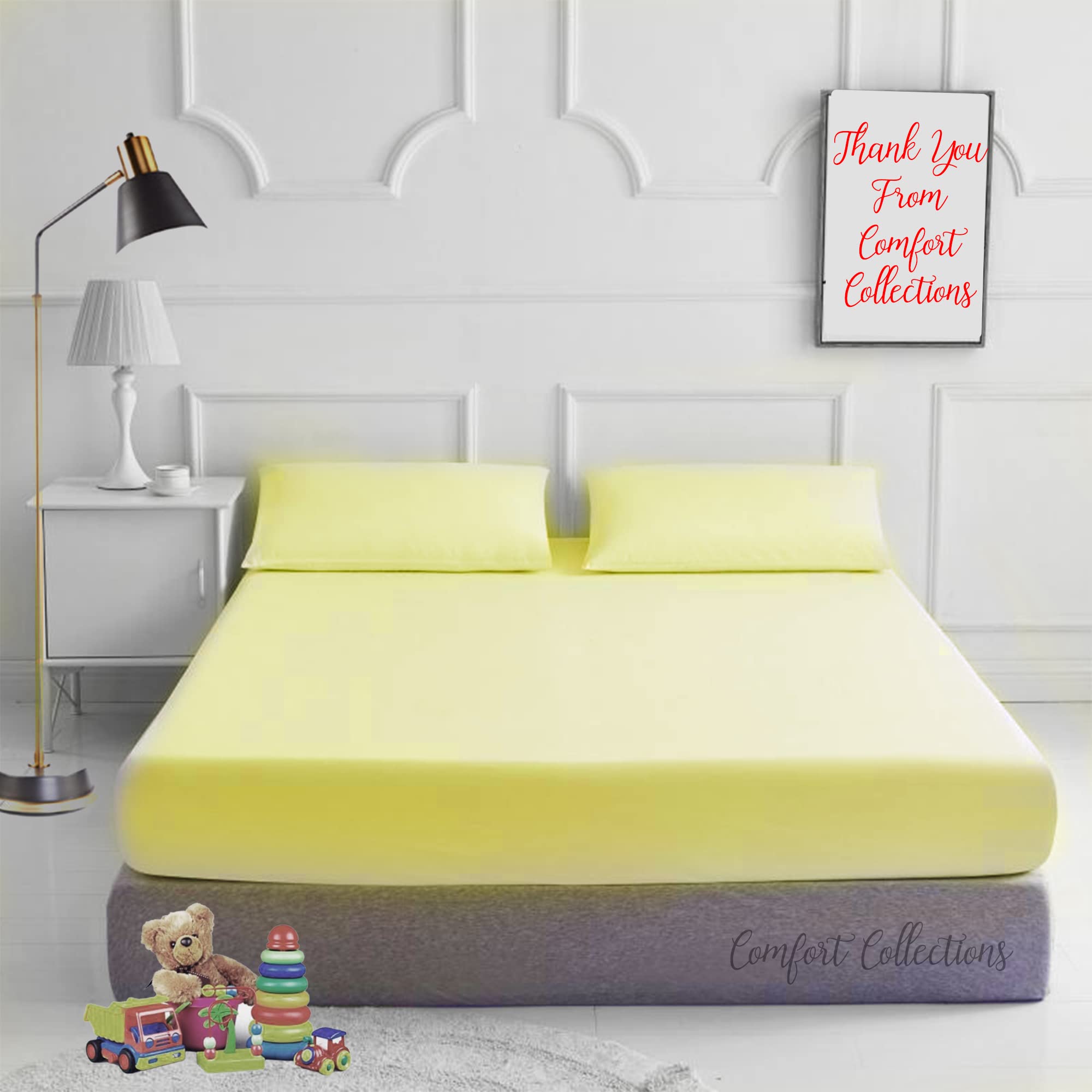 Comfort Collections Plain Dyed Easy Care Poly Cotton Flat and Fitted Sheet Set with Pillow Case Bedding Set (Lemon, Double)