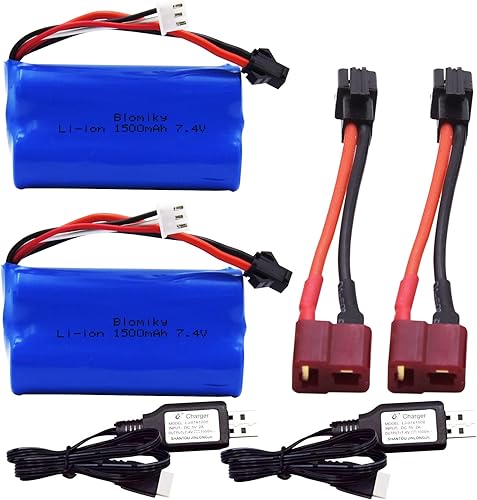 Miniatura 2 de Blomiky Paquete de 2 baterías recargables de iones de litio de 7.4 V 1500 mAh SM-2P enchufe con adaptador T y cable USB adecuado para H101 H103 H105