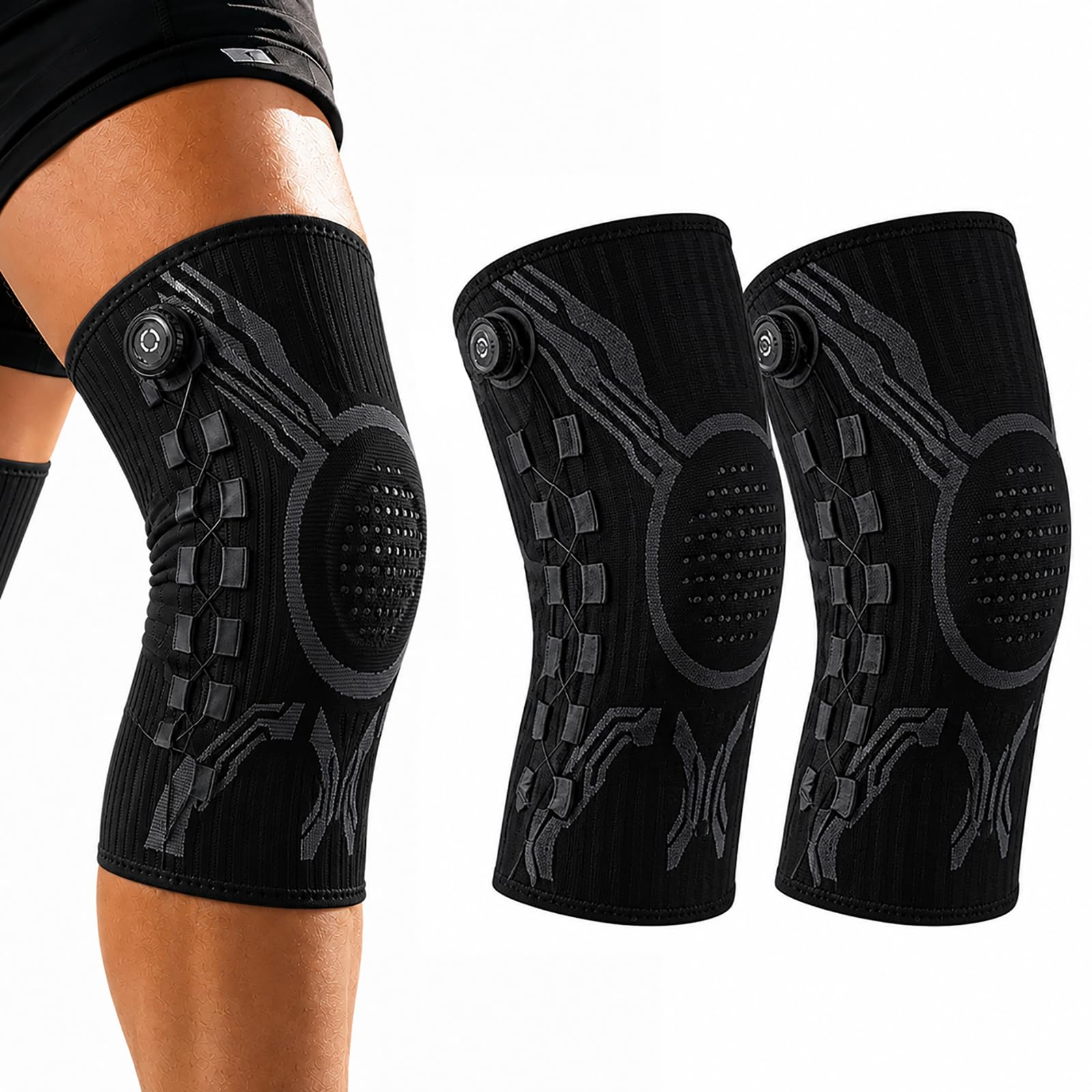 Kniebandage mit Drehverschluss und Patellarschutz, 3D Kompression & rutschfester Halt, verstellbare Kniebandage für Sport, Laufen, Fitness, Training, Arbeit und Alltag, Damen Herren，1 Paar–Schwarz：M