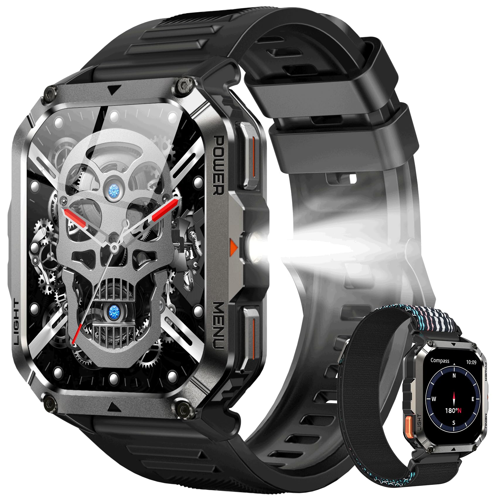 Smartwatch da uomo con torcia LED, touchscreen da 2,01 pollici, cassa in acciaio inossidabile, cinturino in gomma, funzione vocale Bluetooth 5.3, contapassi, contacalorie, cronometro,A