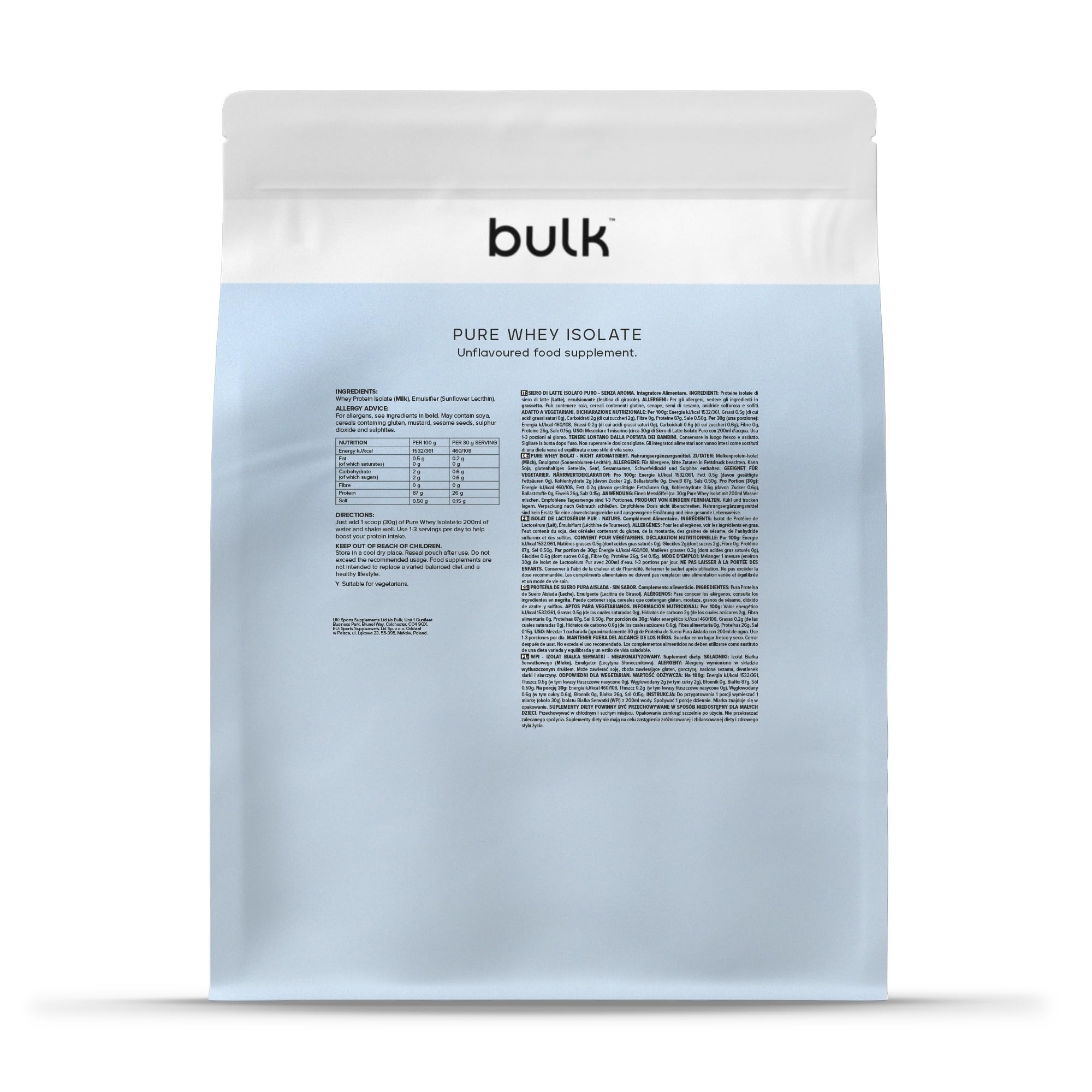 Bulk Pure Whey Isolate | Naturaleza | 26g de proteína por porción | Aislado de suero | Bajo en azúcar | Bajo en grasa | Absorción rápida | Ayuda al mantenimiento muscular | 500g