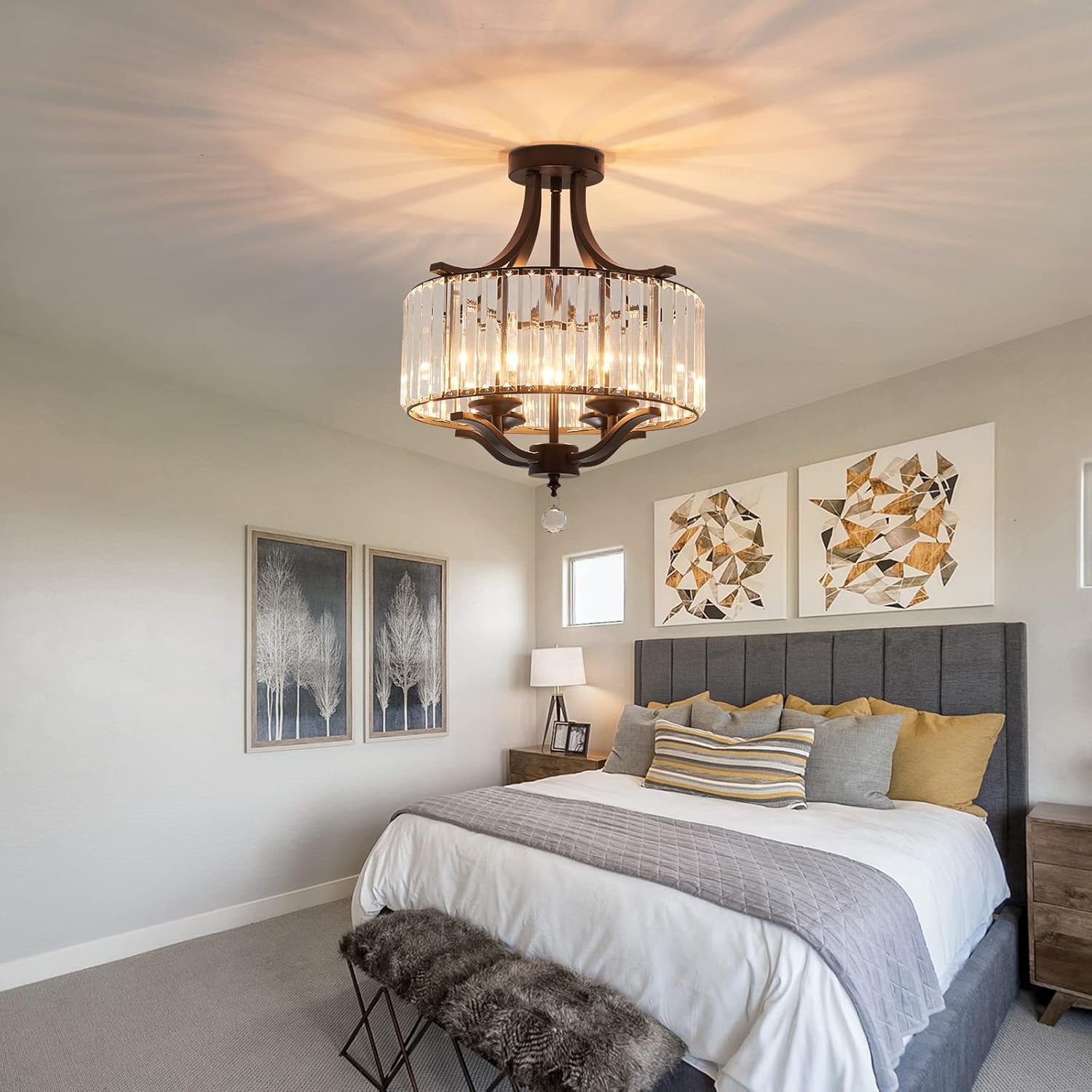 Modern Crystal Chandelier 4 Lights Black Semi Flush Mount Ceiling Light Fixture E12 Metal Farmhouse Chandelier for Dining Room Bedroom Hallway Entryway Kitchen