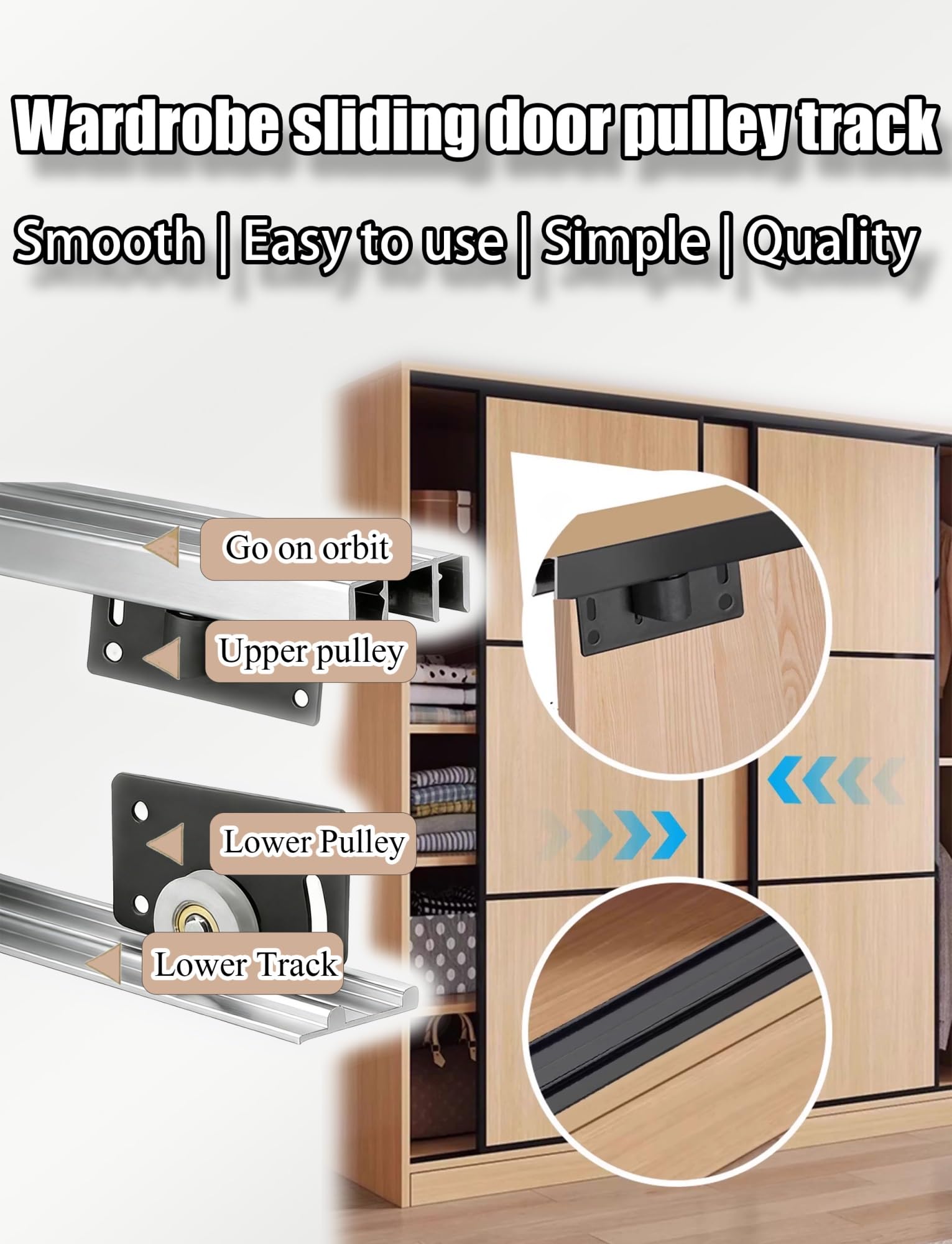 Kit de herrajes para puertas correderas para armarios y gabinetes, sistema de deslizamiento suave y silencioso