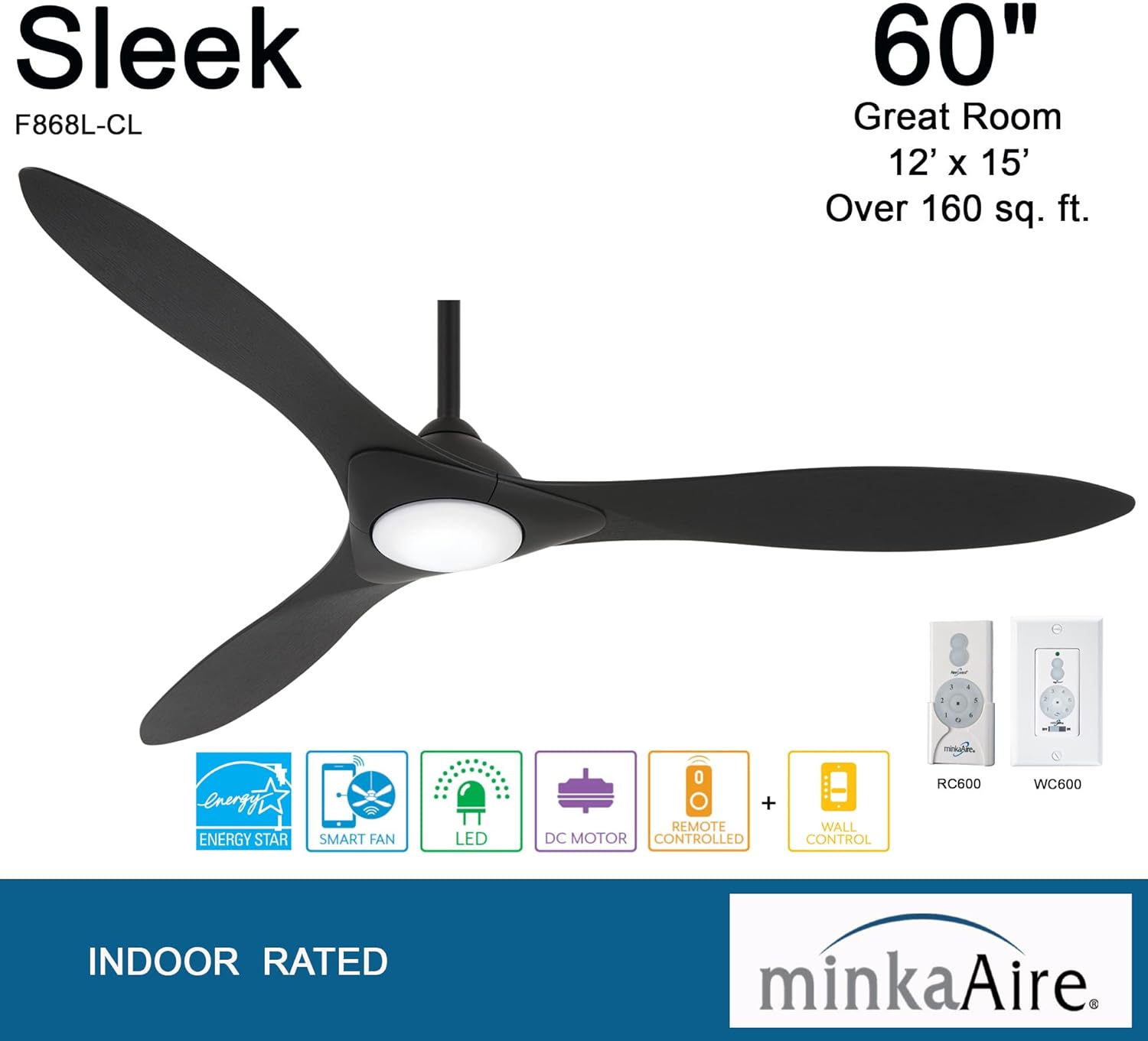 Minka-Aire F868L-CL/CL Sleek 60" Smart Ceiling Fan with LED Light, Remote and Wall Control