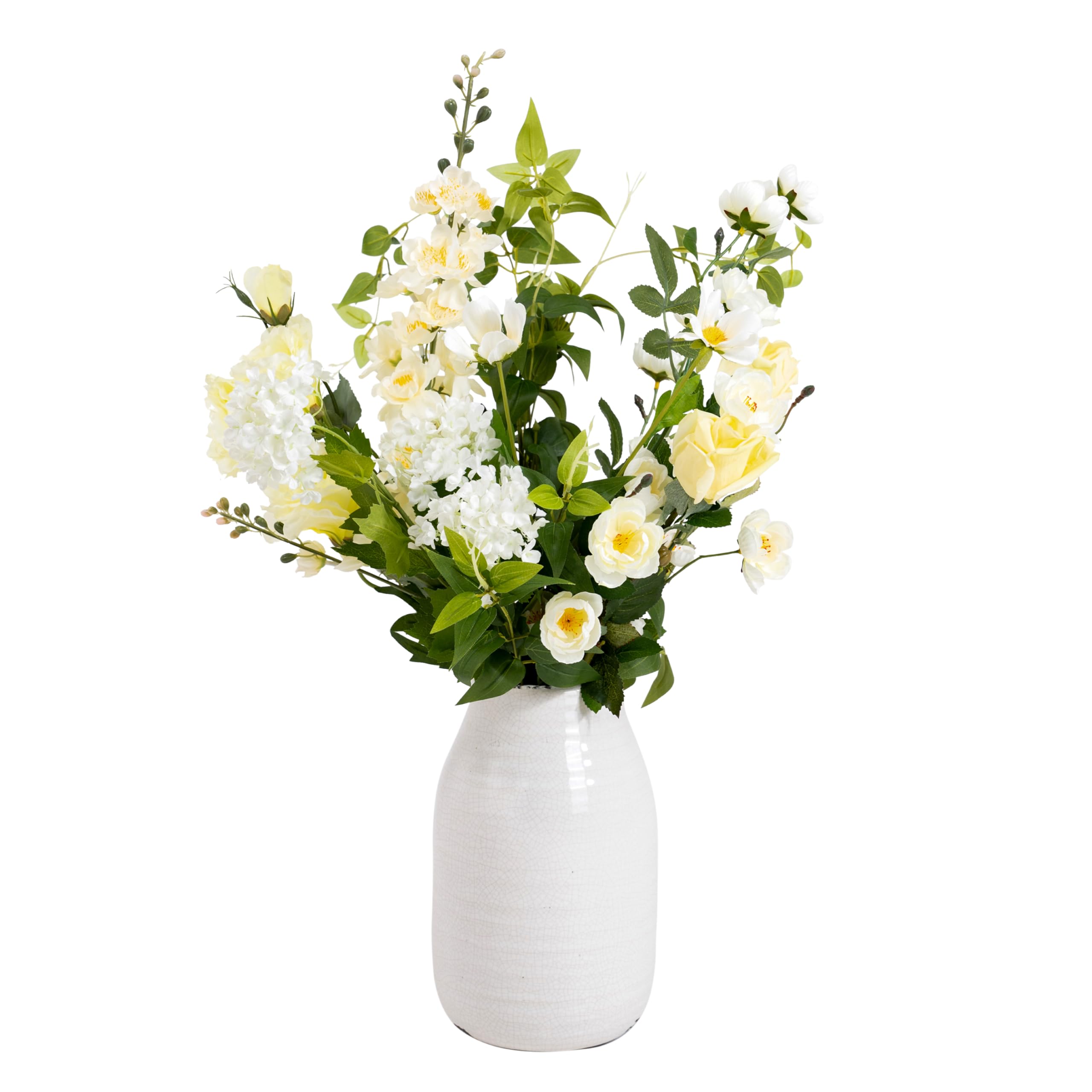 Blooming Artificial - Decorative Artificial Flowers, Realistic Indoor Fake Flowers, Artificial Yellow Roses with Delphinium Plants and Lisianthus Plants, Year Round Decoration (Joyful) (50cm)