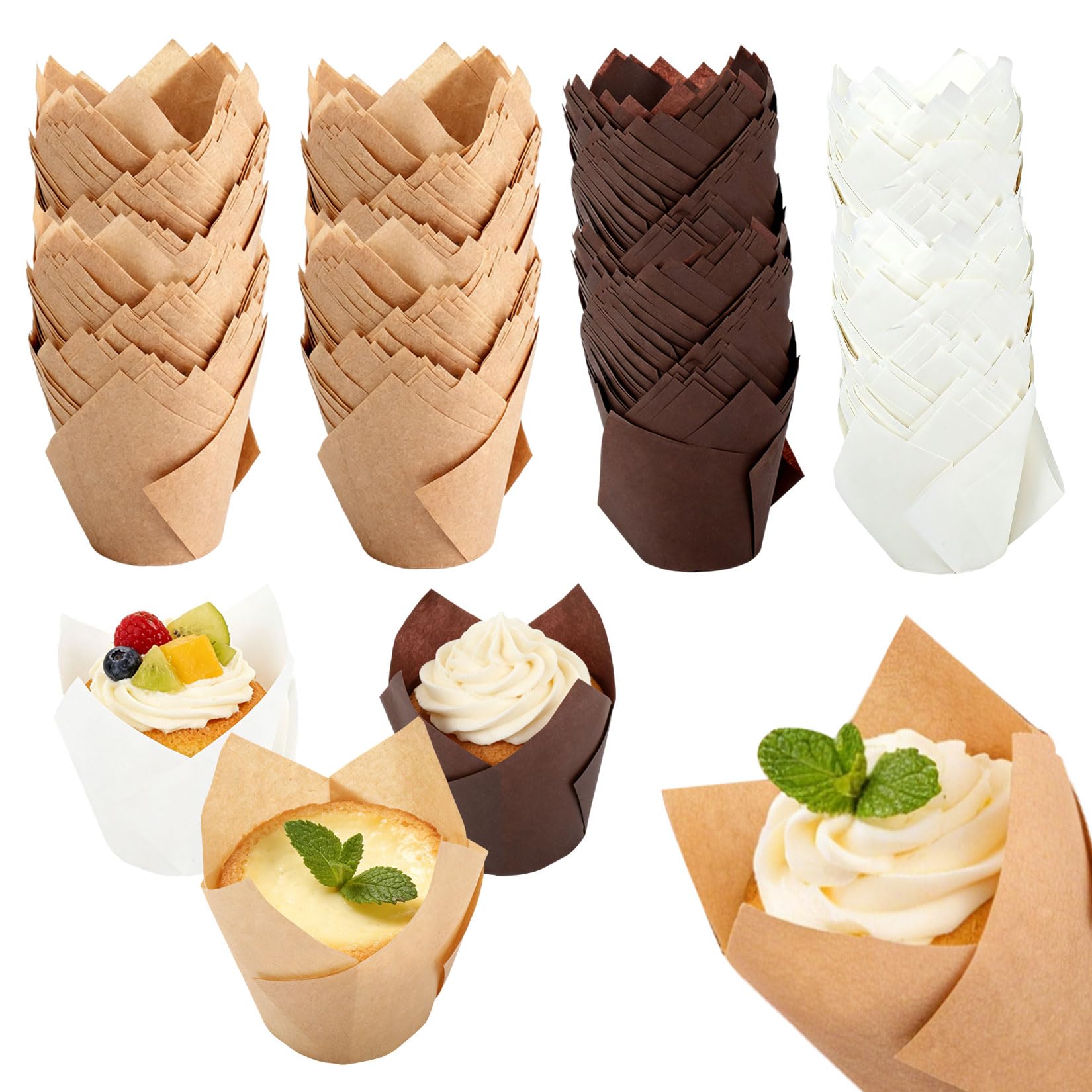 200pcs Tulip Muffin Cases for Bakings,Tulip Cupcake CasesMuffins Baking CasesCup Cake Cases for Baking Cups,Large Greaseproof Cupcake Cups for Christmas Wedding Birthday Party(Black, Brown, White)