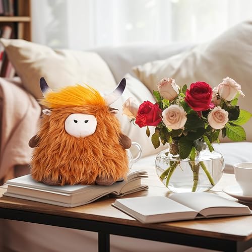 Miniatura 5 de BESFIRD Animal de peluche de vaca de las montañas marrones, animal de peluche de vaca de las tierras altas, juguete de granja de vacas de las