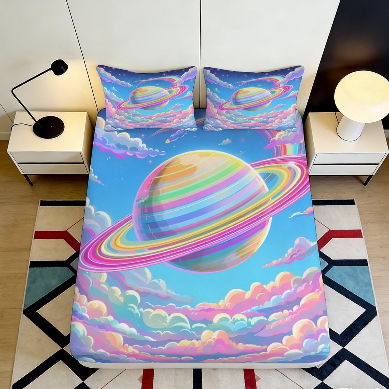 3D Printed Saturn Planet Fitted Sheet Microfiber Soft Colourful Clouds Mattress Cover for Bedroom Guest Room Decor 90x200x25cm