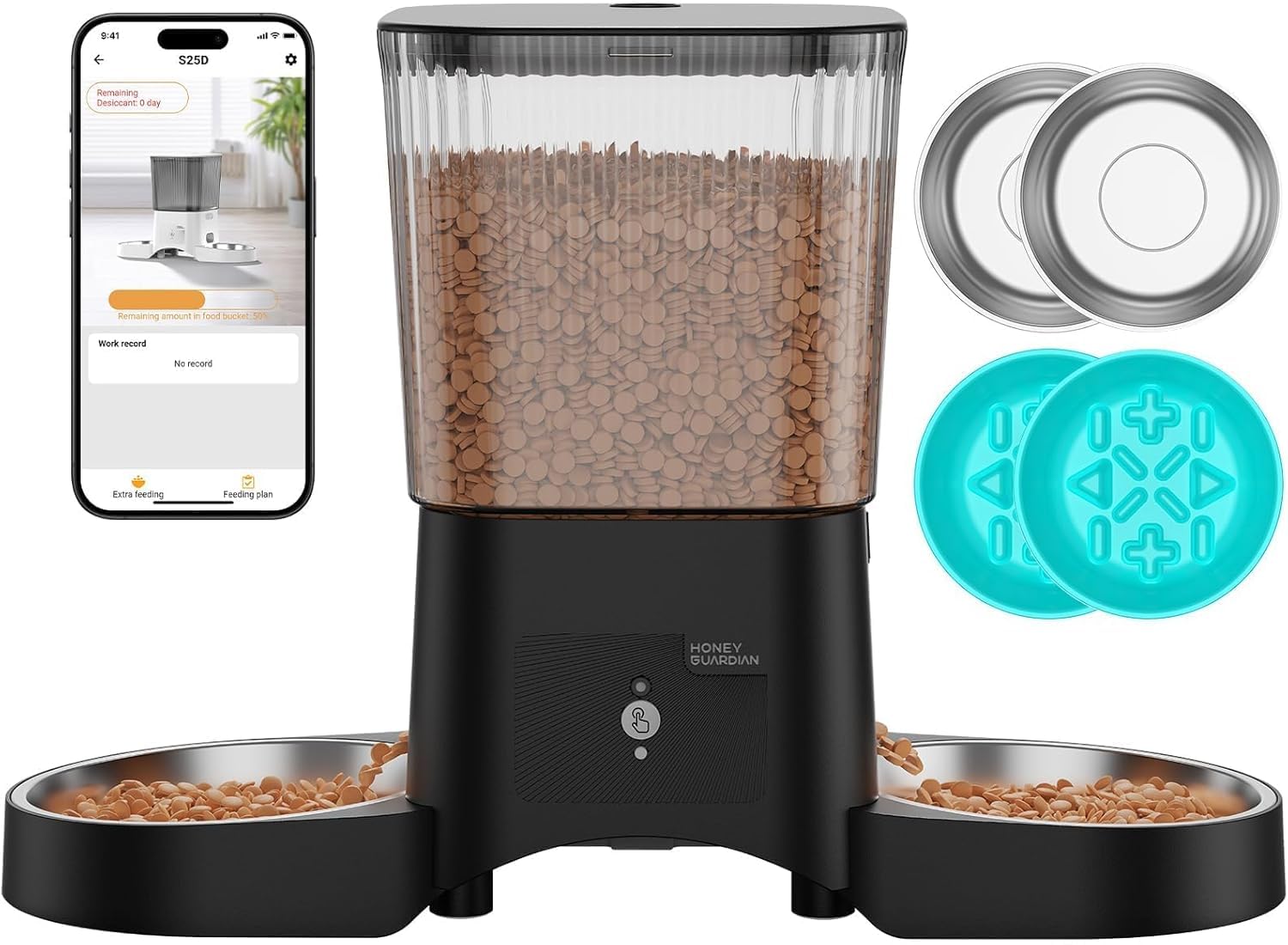 HoneyGuaridan 5G/2.4G WiFi Distributore Automatico Cibo Gatti Doppia, 3.5L | 4 ciotole (acciaio inox + pasti lenti), Wi-Fi dual-band, Alimentazione precisa, Previene il furto di cibo, Antiscivolo