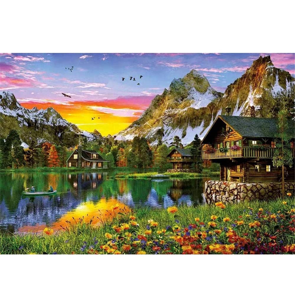 Broderie diamant chalet de montagne 5D avec strass cristal brillants grand format 50x70