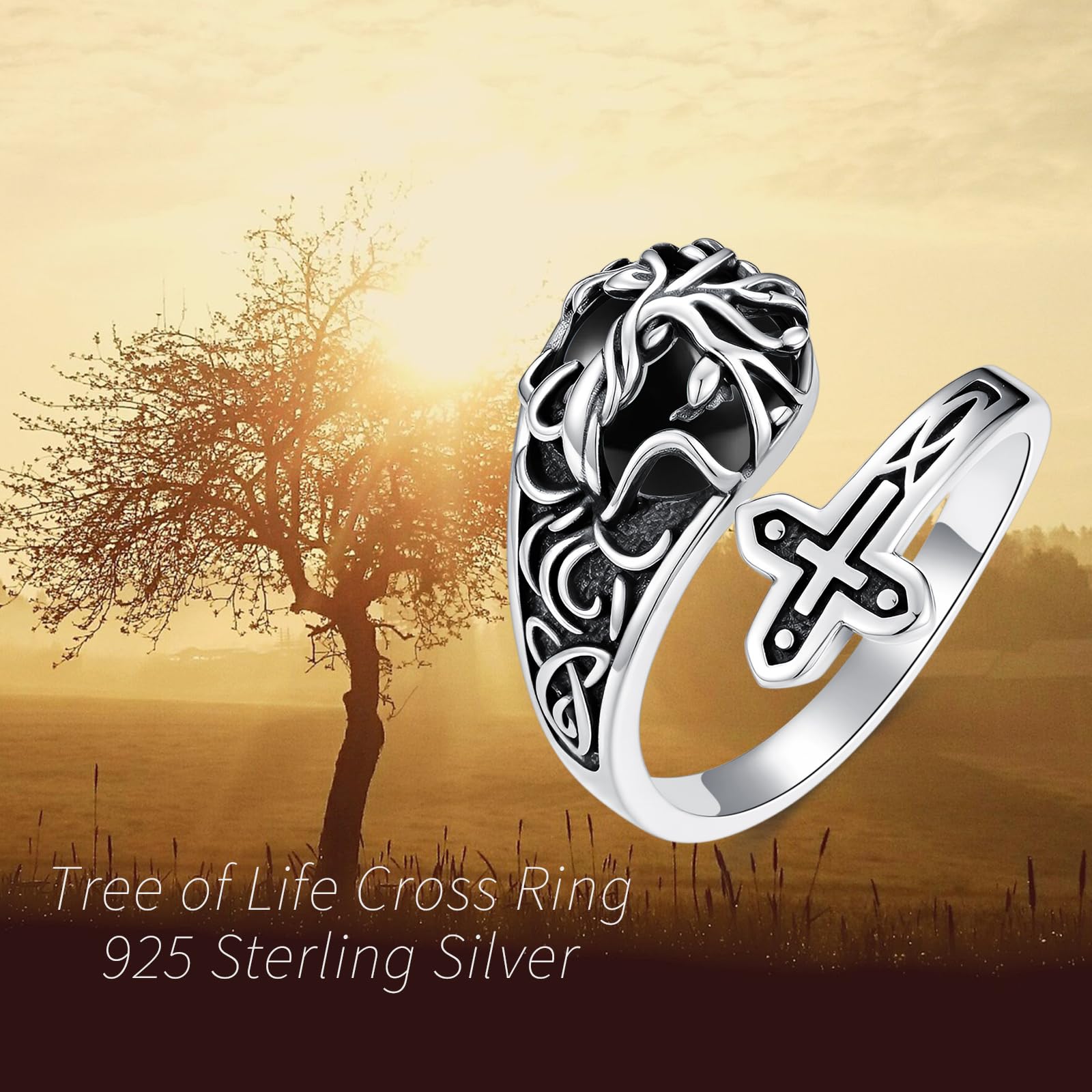 ROMANTICWORK Ring Verstellbar Daumenring Damen 925 Sterling Silber Lebensbaum Kreuz Verstellbare Ringe Opal/Türkis/Moosachat/Mondstein Ring Schmuck Geschenke für Damen