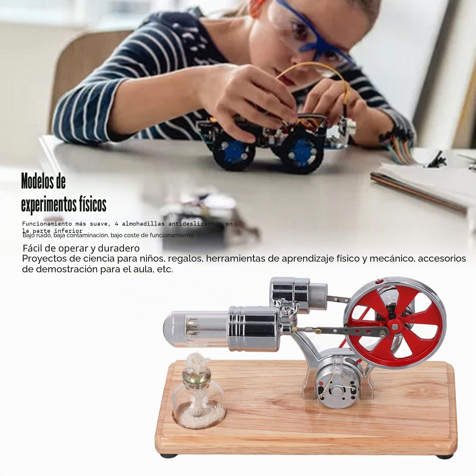 Stirling Motor Maqueta Maqueta de Vapor Motor Stirling Fácil de Usar Multiusos Acero Inoxidable Aleación de Zinc Juguete educativo para experimentos de física Niños y entusiastas de la