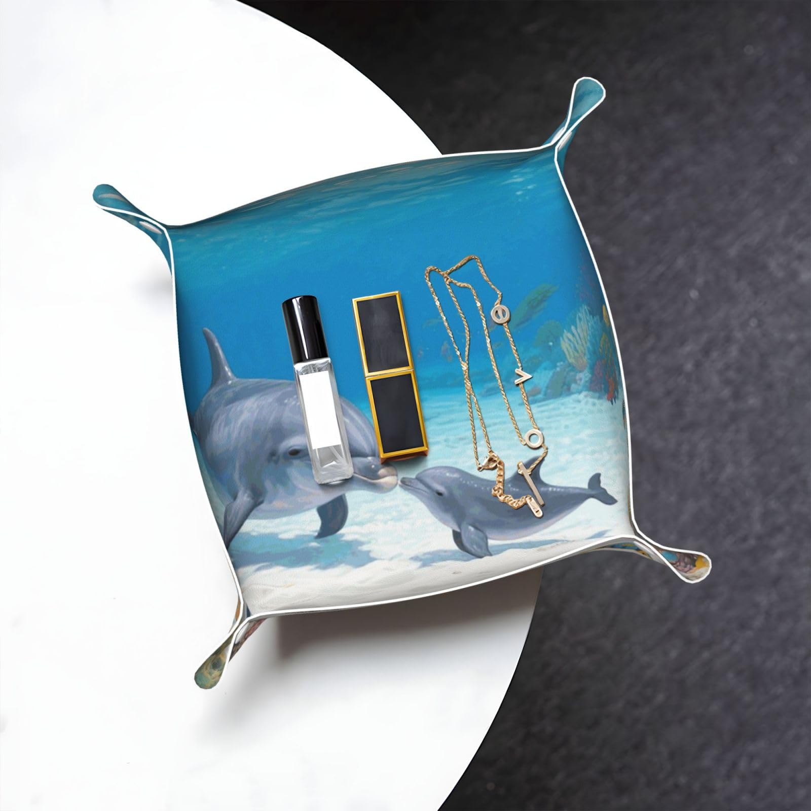 Dolphin Valet Tray Organizer Pu Leather Travel Catchall Tray Organizer Portable Jewelry Tray Storage Keys Tray for Entryway Table Coins Watches Candy