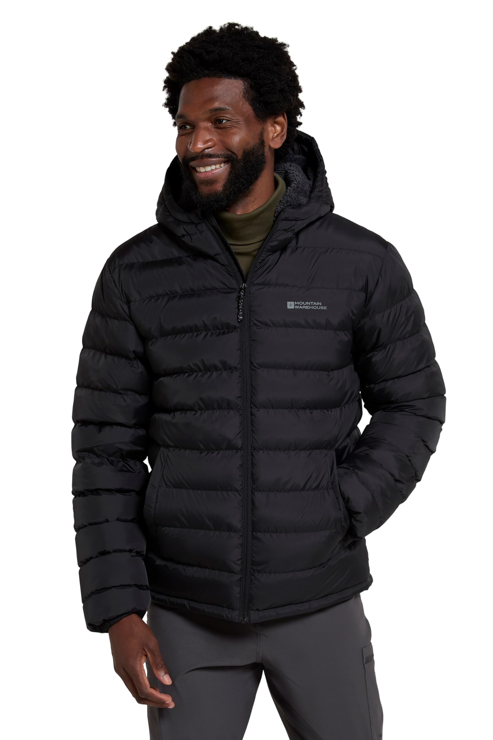 Mountain Warehouse Seasons Mens Fur-Lined Padded Jacket - Microfibre insulation & Faux Fur Puffer Coat with Side Pockets - Best for Autumn, Winter, Outdoors Black 2XL