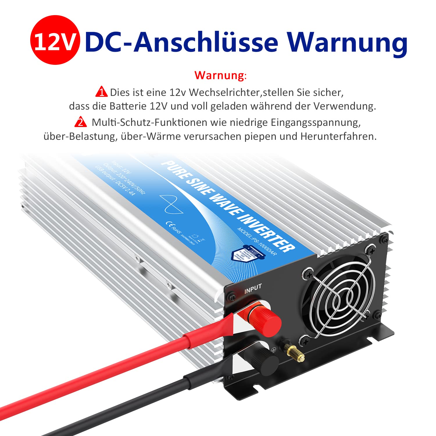 GIANDEL 1000W KFZ Wechselrichter 12V auf 230V Reiner Sinus Spannungswandler Umwandler-Inverter Konverter mit Fernbedienung EU-Steckdose & 2.4A USB-Anschluss