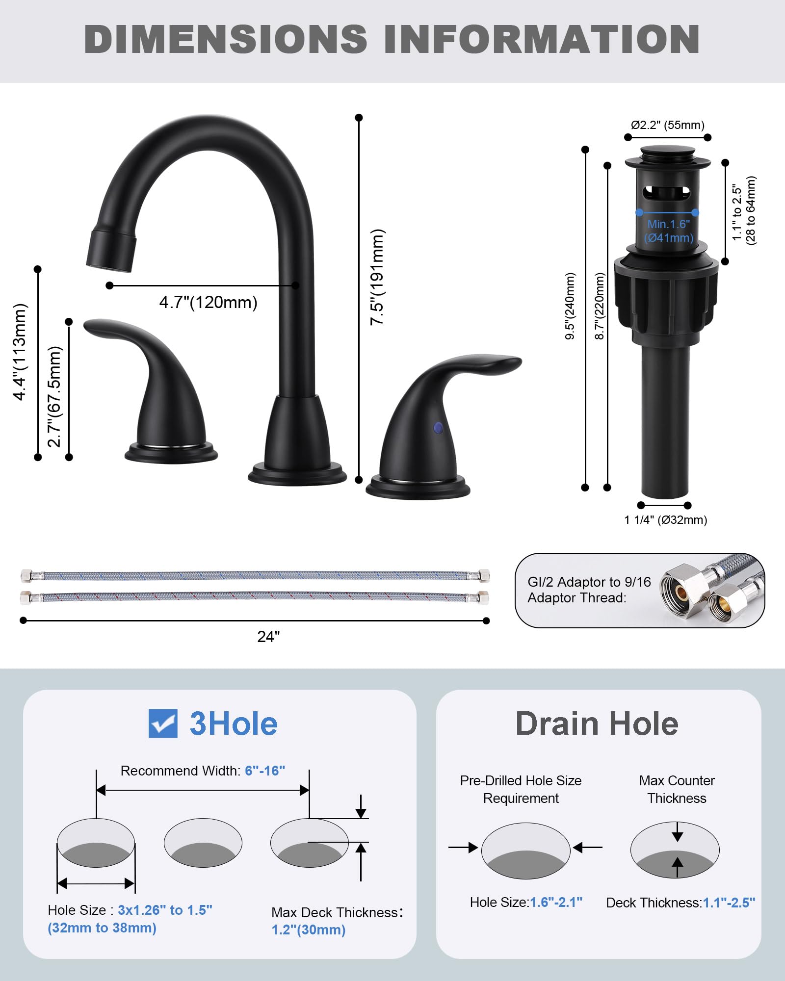 Matte Black 3-Hole Bathroom Sink Faucet - 8 Inch Vintage Two-Handle Vanity Faucet