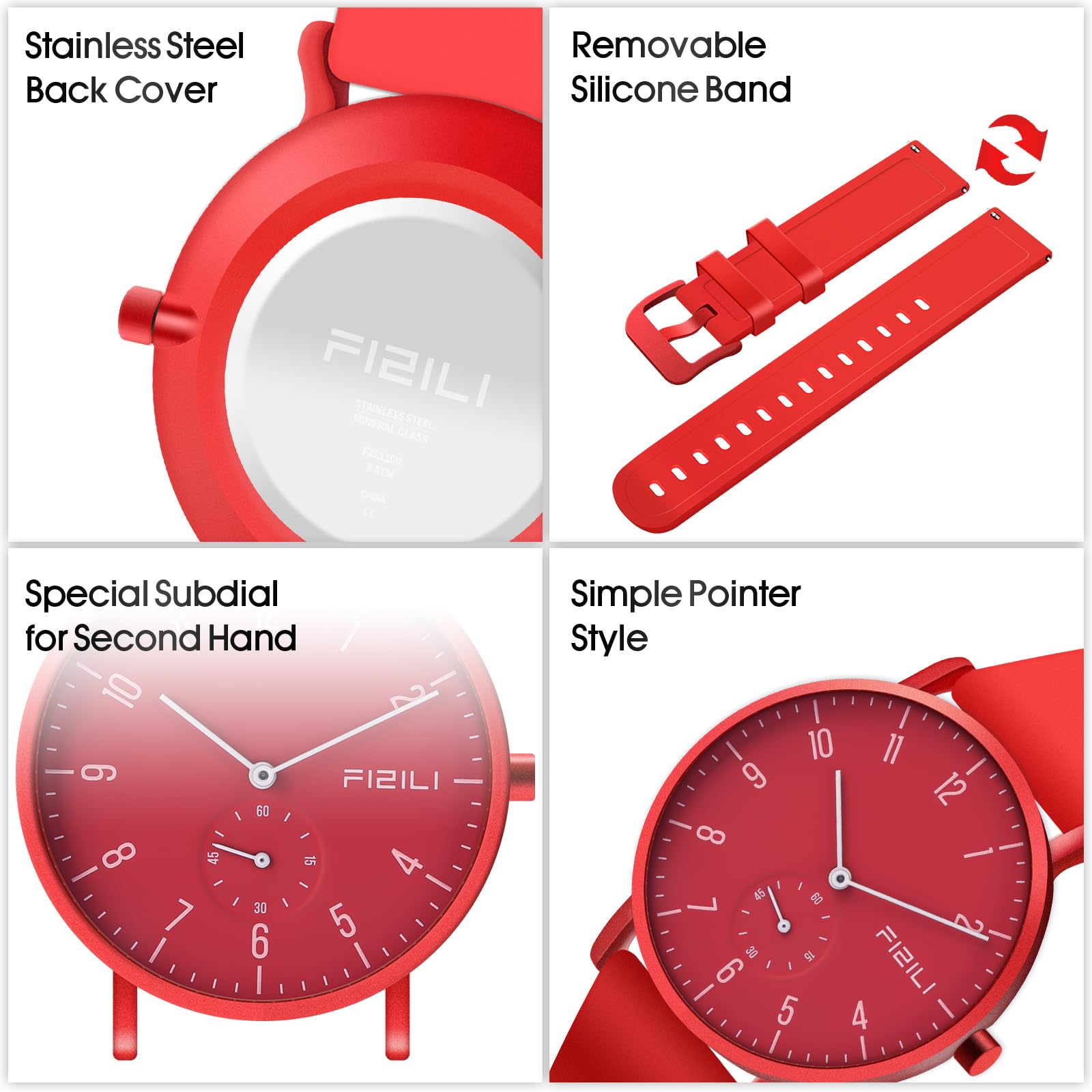 Orologio da polso da uomo, ultra sottile, minimalista, impermeabile, alla moda, per uomo o donna, con cinturino in silicone, 1100, rosso e bianco