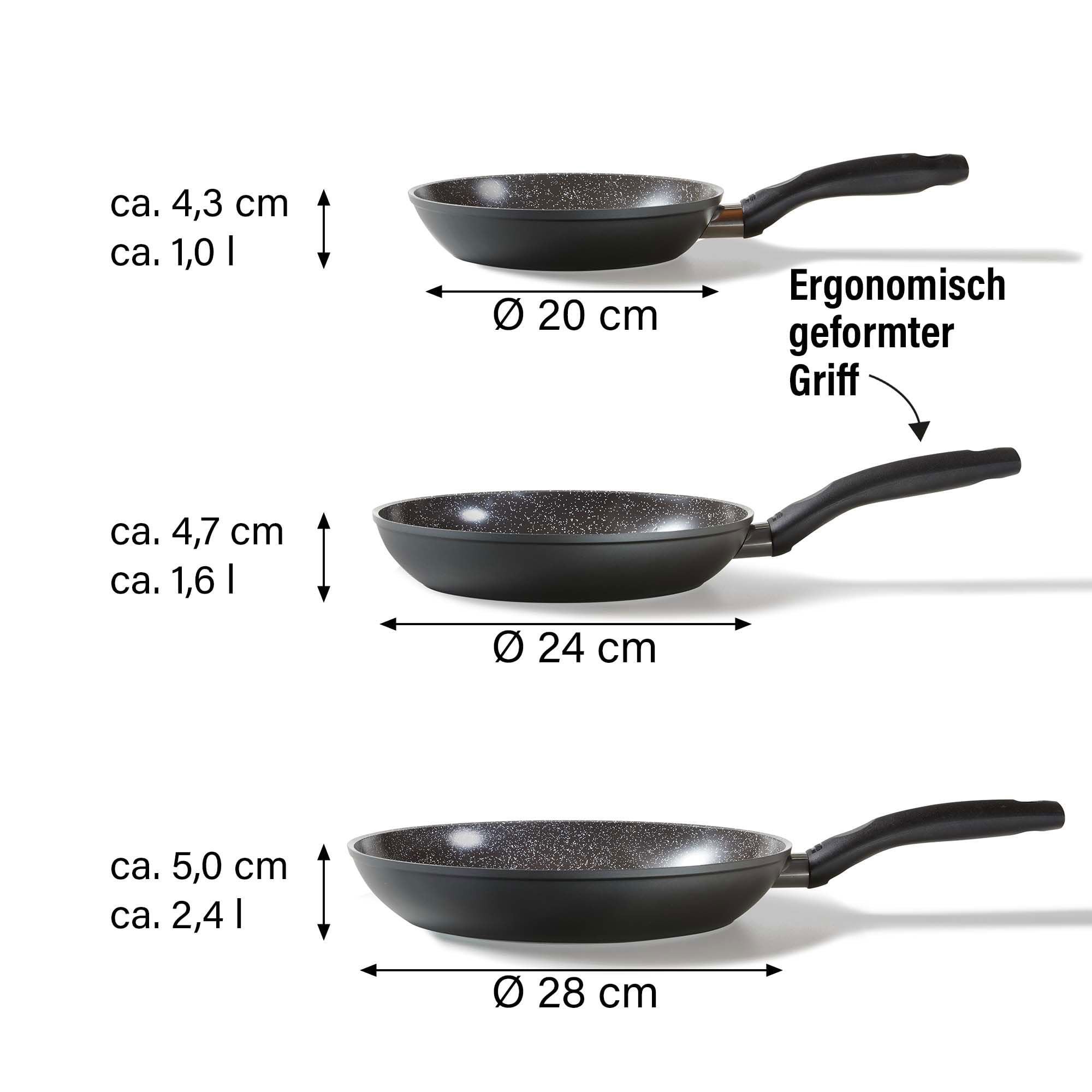 STONELINE Ceramic Pfannenset 3 teilig 20/24/28 cm Keramikpfanne Induktion Antihaft Pfanne Keramikbeschichtung mit echten Steinpartikeln, Bratpfanne PFAS-frei, Alle Herdarten & Backofen