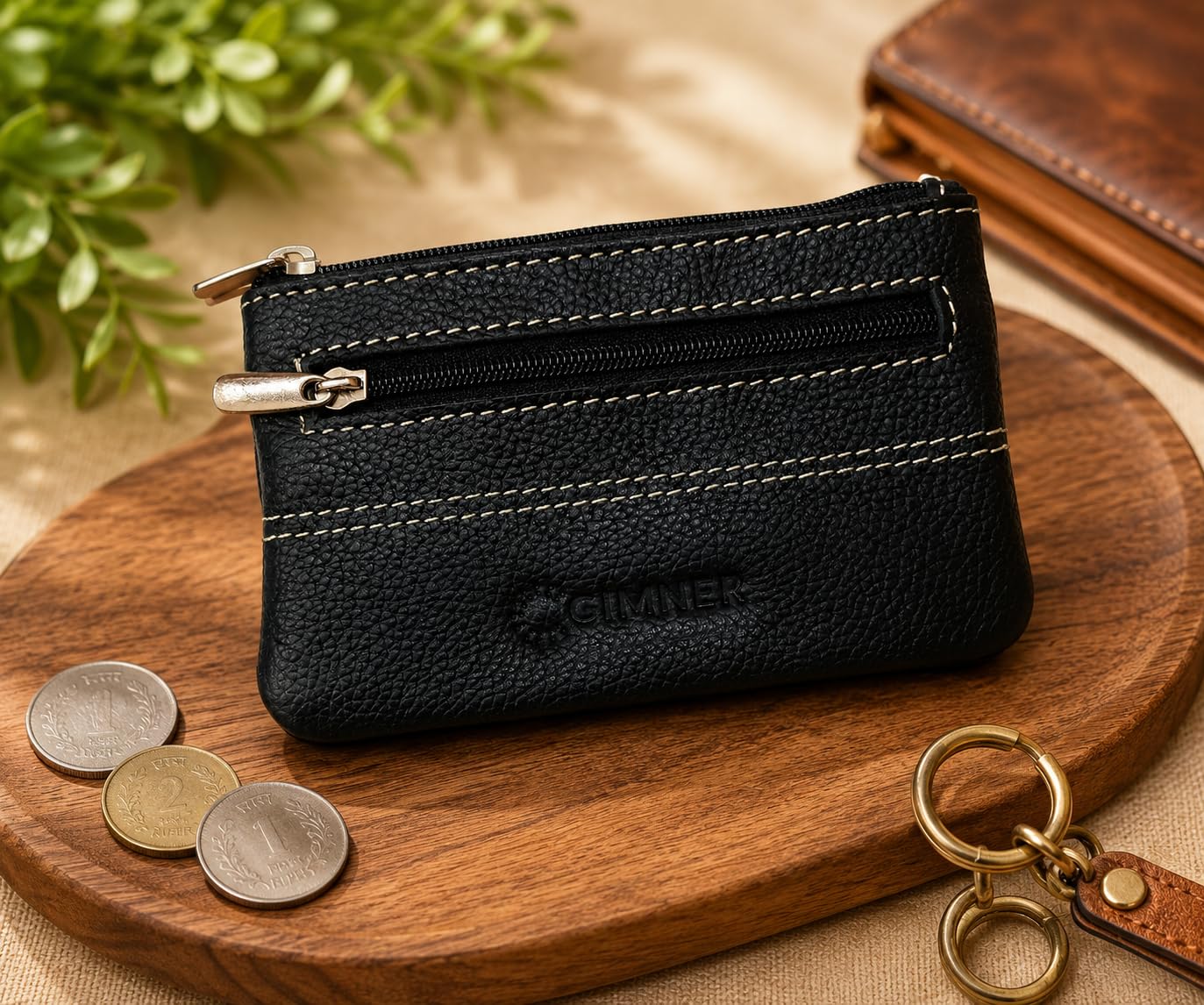 GIMNER Genuine Leather Coin Purse/Coin Pouch with 2 Key Holding Chain Custom Upper for Women (Set of 1 Color Black) (Black) 1