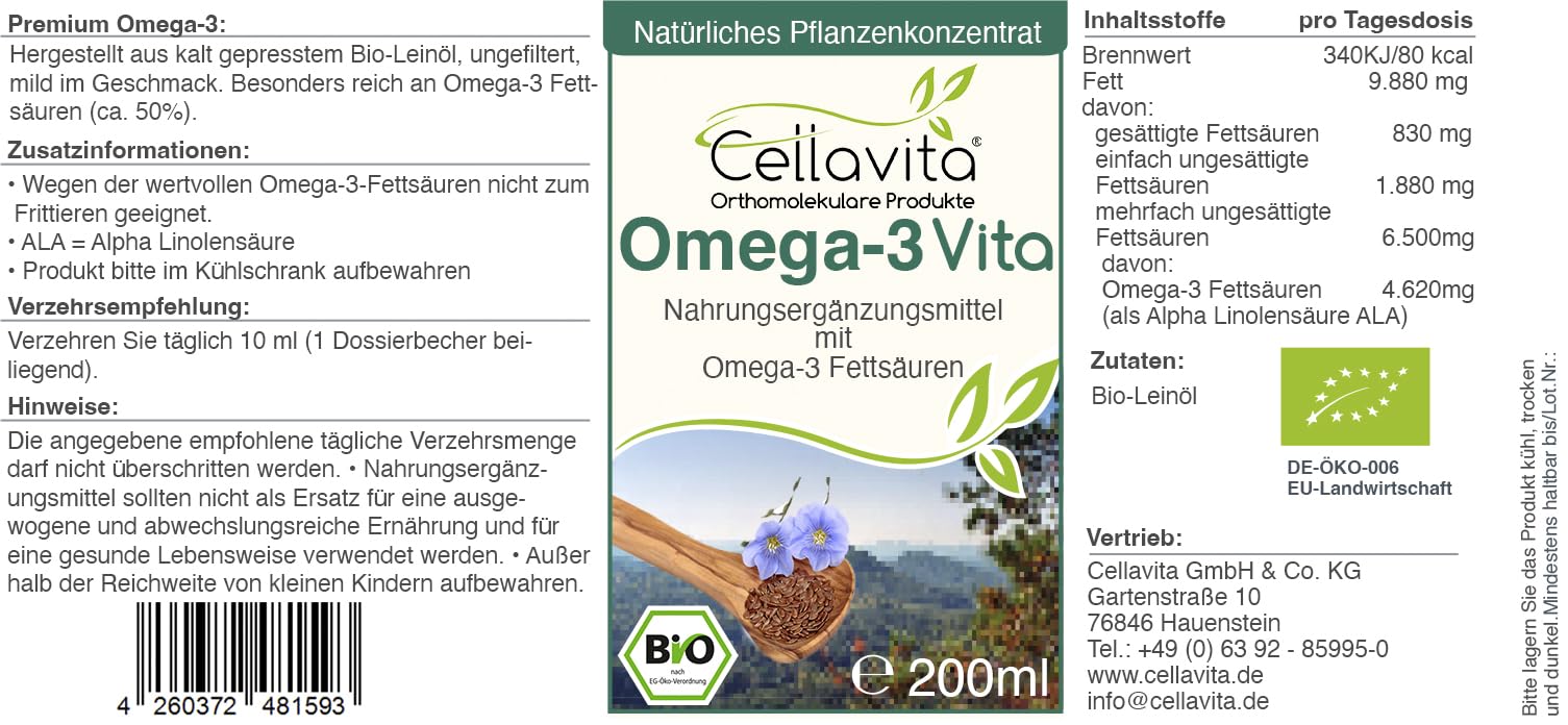 Cellavita Omega-3 Vita aus Pflanzenkonzentrat | Leinöl/pflanzlich/Bio-Qualität | täglich nur 10ml | Glutenfrei & Lactosefrei & Vegan 4x 200ml