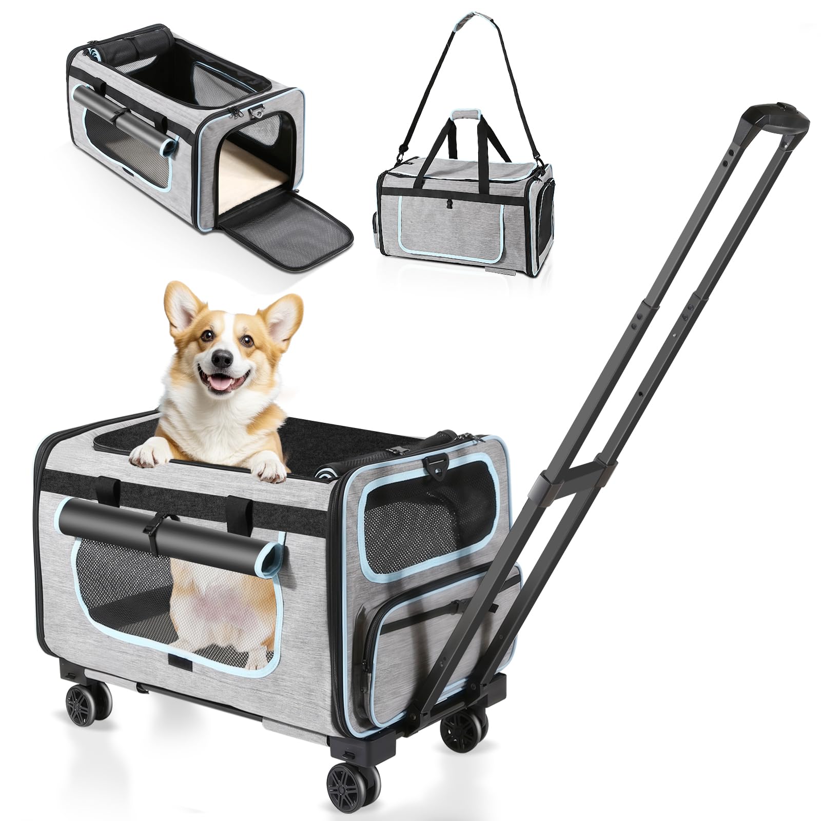 Wheelive Large Pet Carrier for 2 Cats or Medium Dog, Pet Bag with Detachable Wheels & Washable Plush Pad, Escape-Proof Zipper & Shoulder Strap, Portable Carrier for Outdoor and Car Travel(Max. 40 lbs)