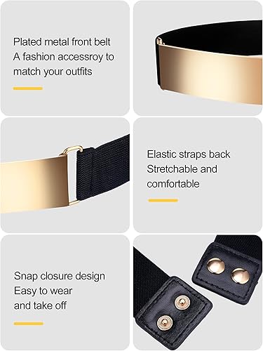 Miniatura 5 de Chuangdi Cinturón de vestir de cintura elástica con espejo para mujer, cinturón ajustado para mujer, cinturón elástico de espejo de metal, 2 piezas